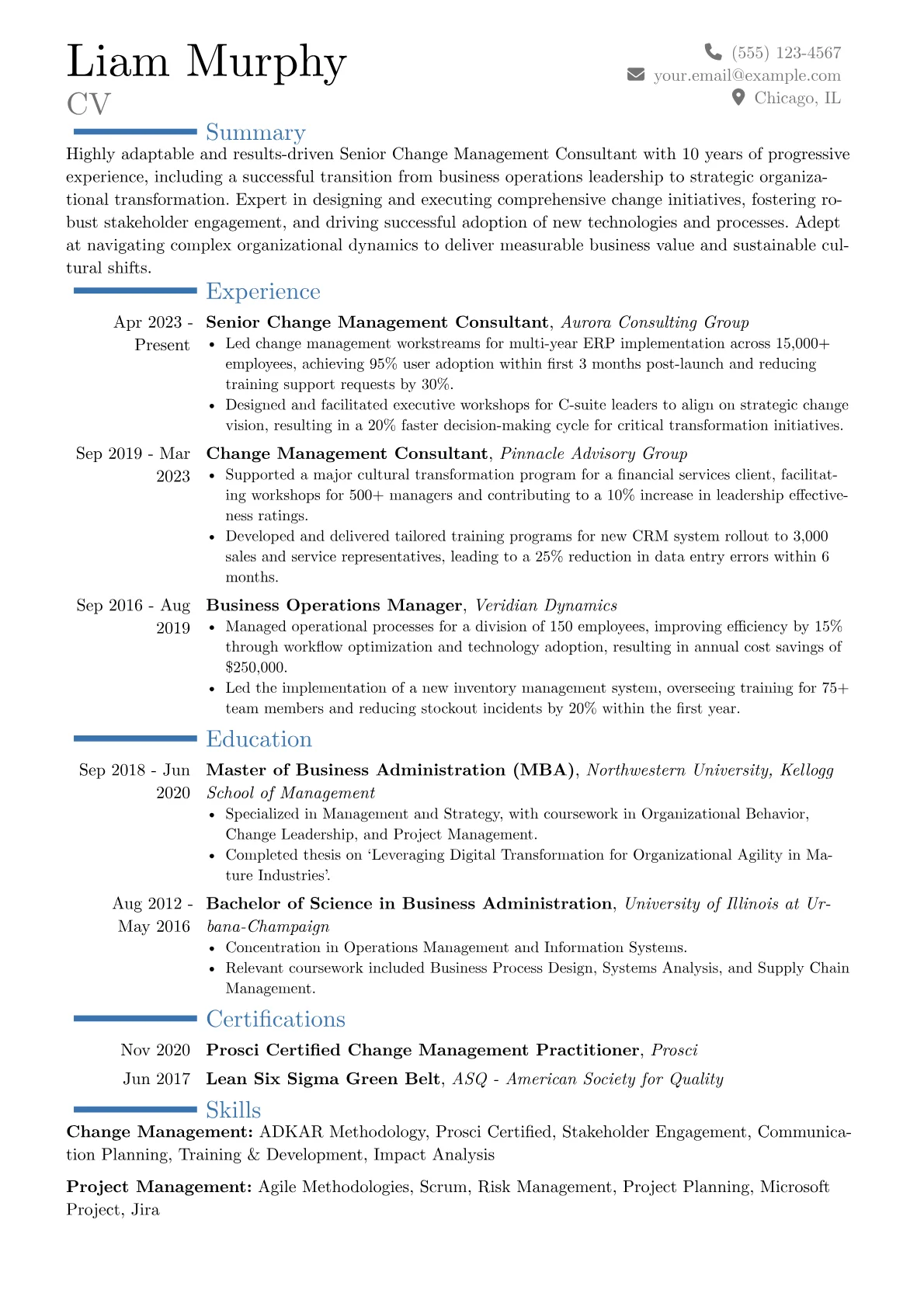 Senior Change Management Consultant resume example, Career changer, page 1