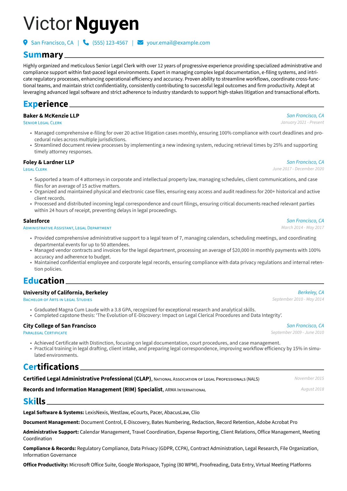 Senior Clerk resume example, Senior Legal Clerk, page 1