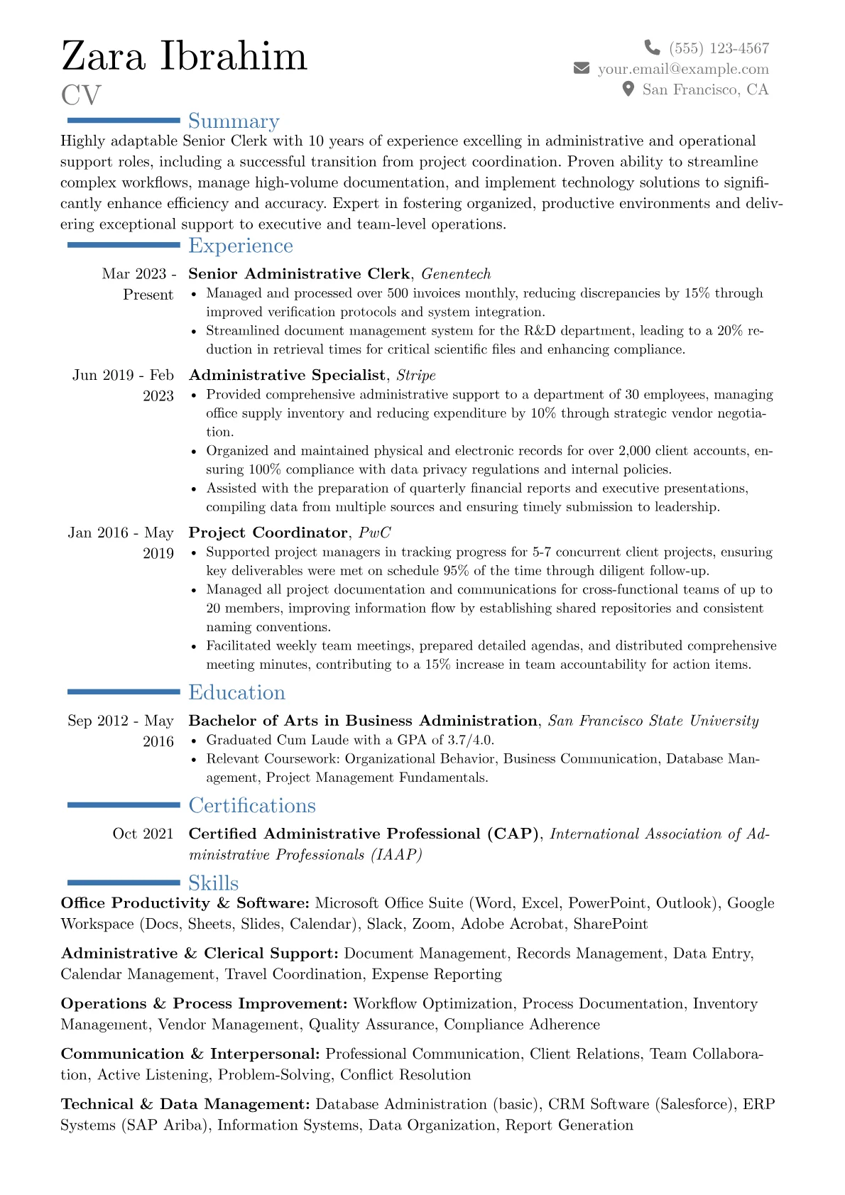 Senior Clerk resume example, Career changer, page 1