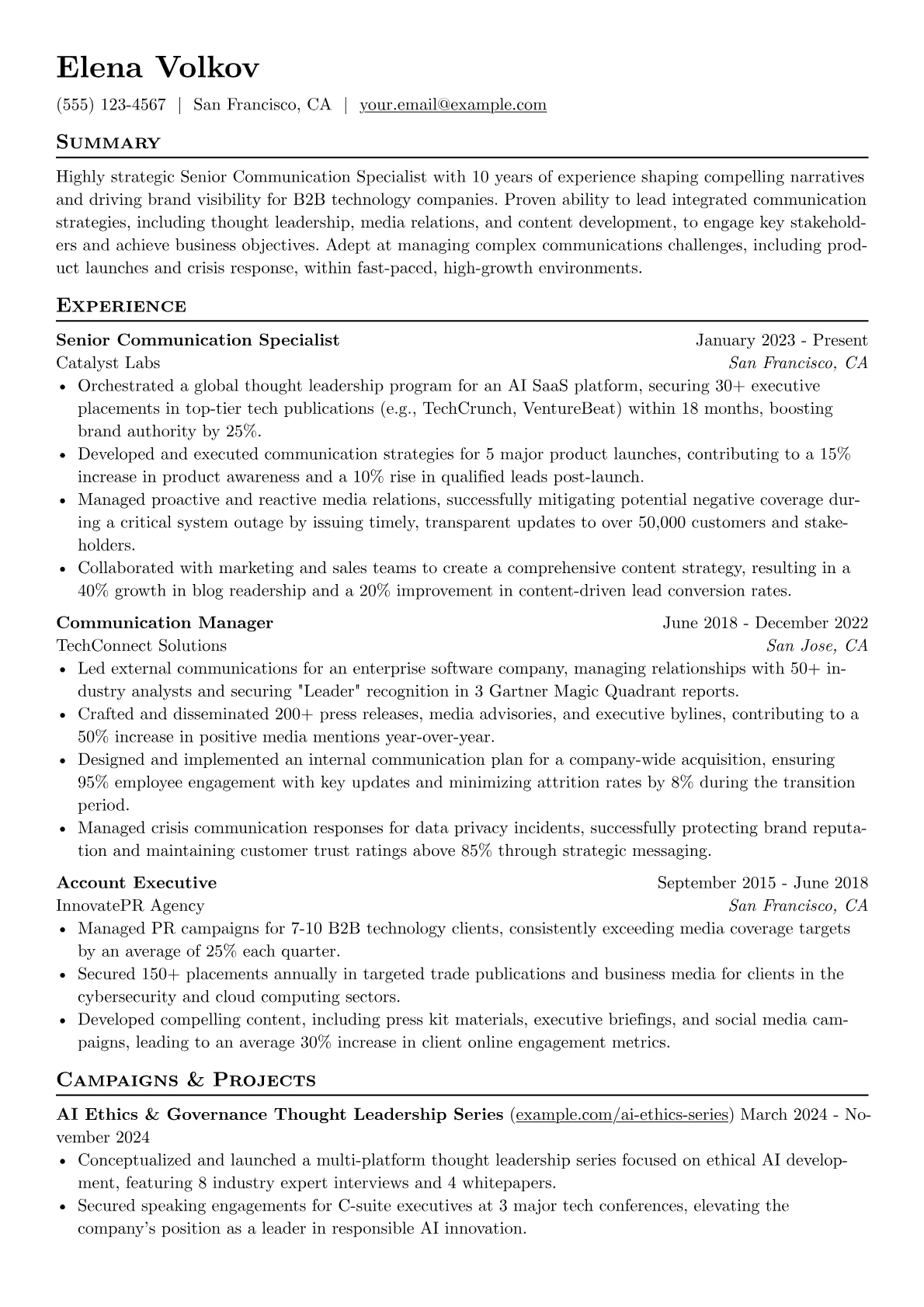Senior Communication Specialist resume example, Communication Strategy, page 1