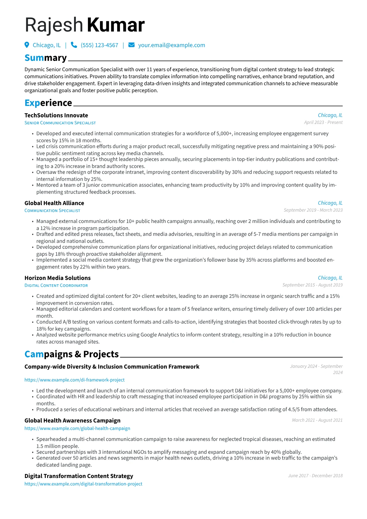 Senior Communication Specialist resume example, Career changer, page 1