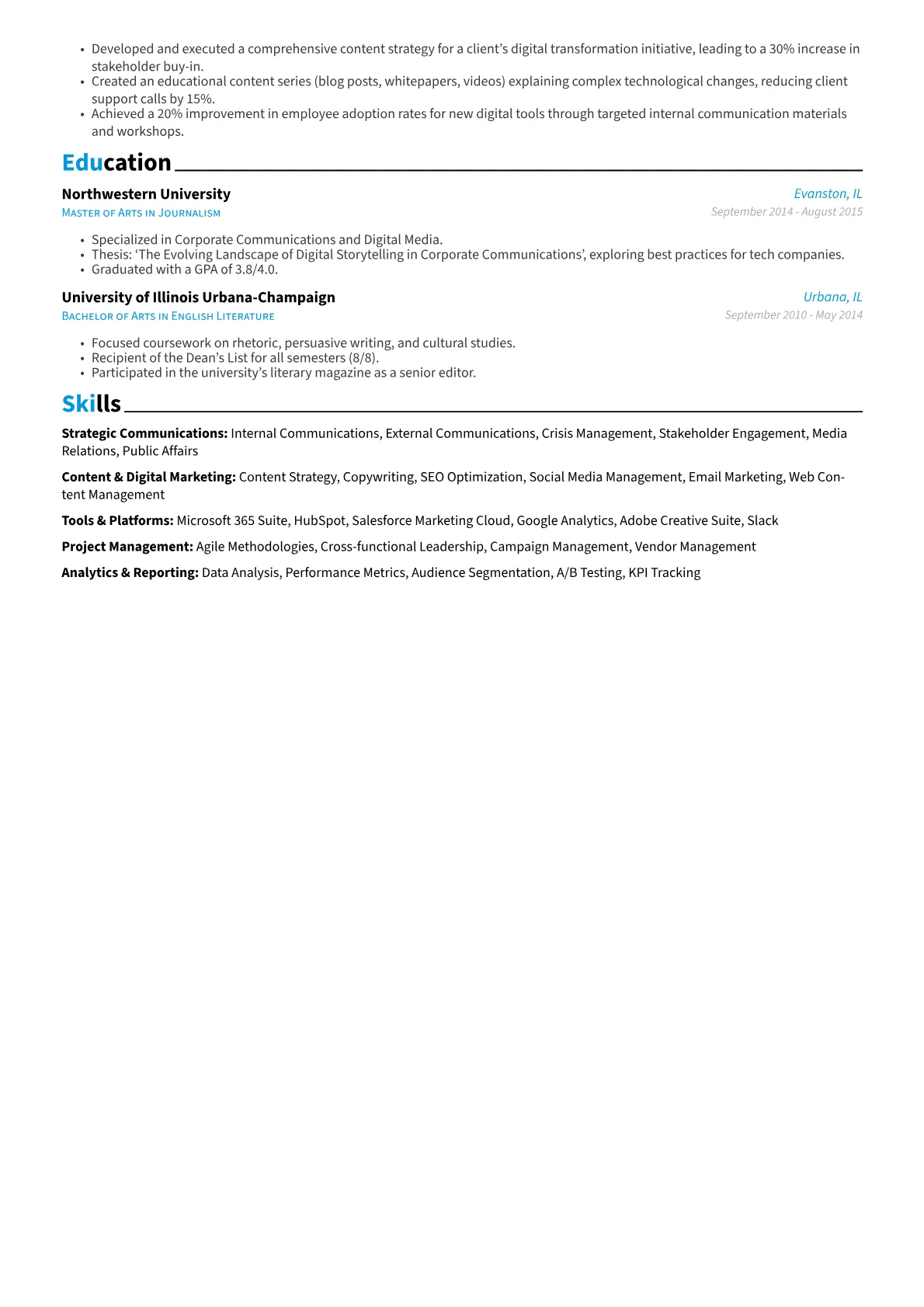 Senior Communication Specialist resume example, Career changer, page 2