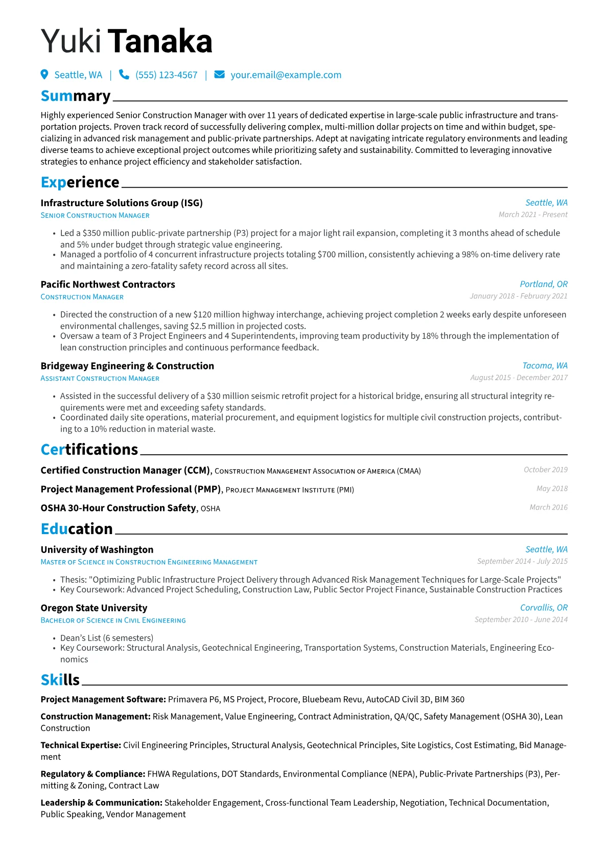 Senior Construction Manager resume example, Senior Construction, page 1