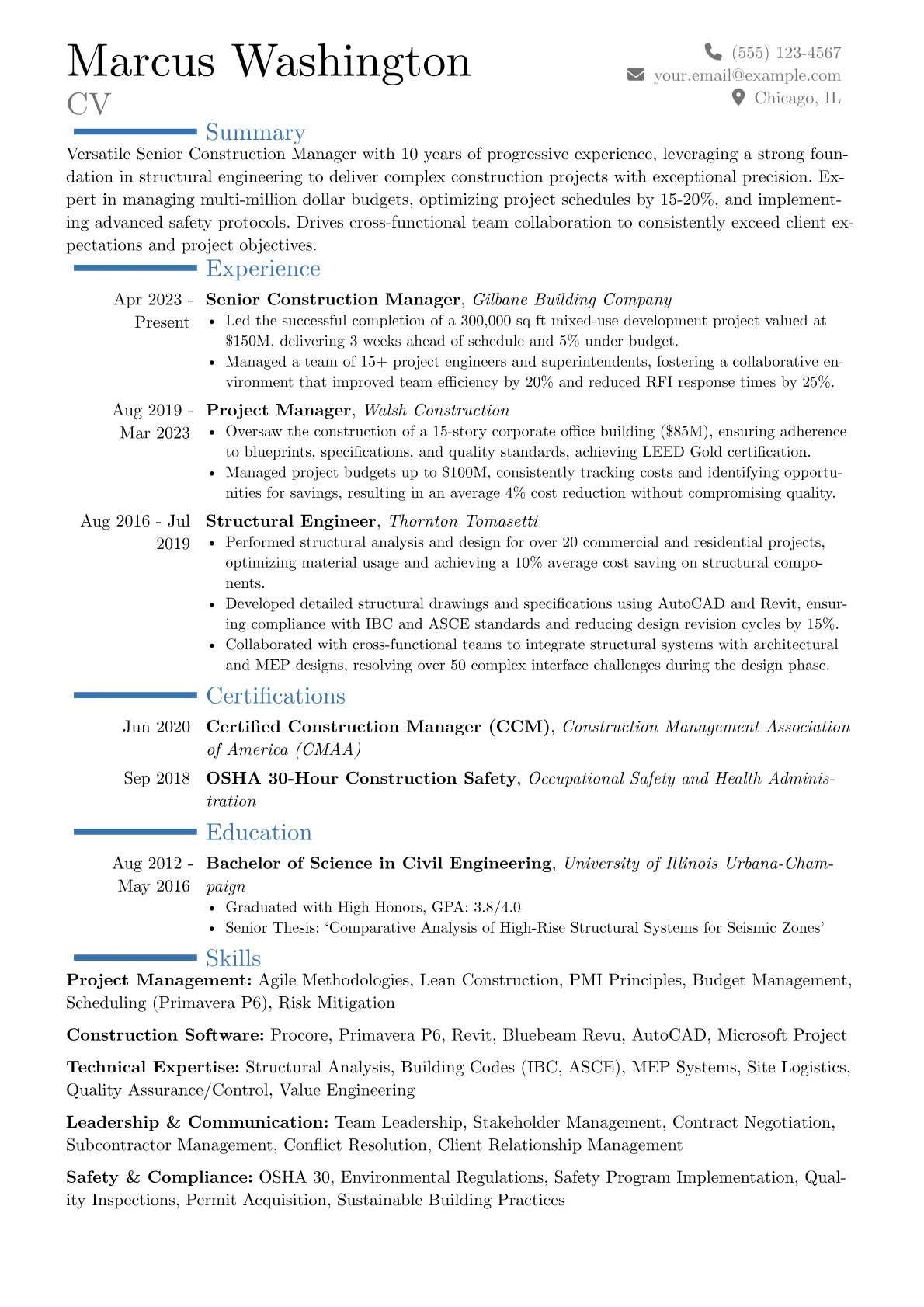 Senior Construction Manager resume example, Career changer, page 1