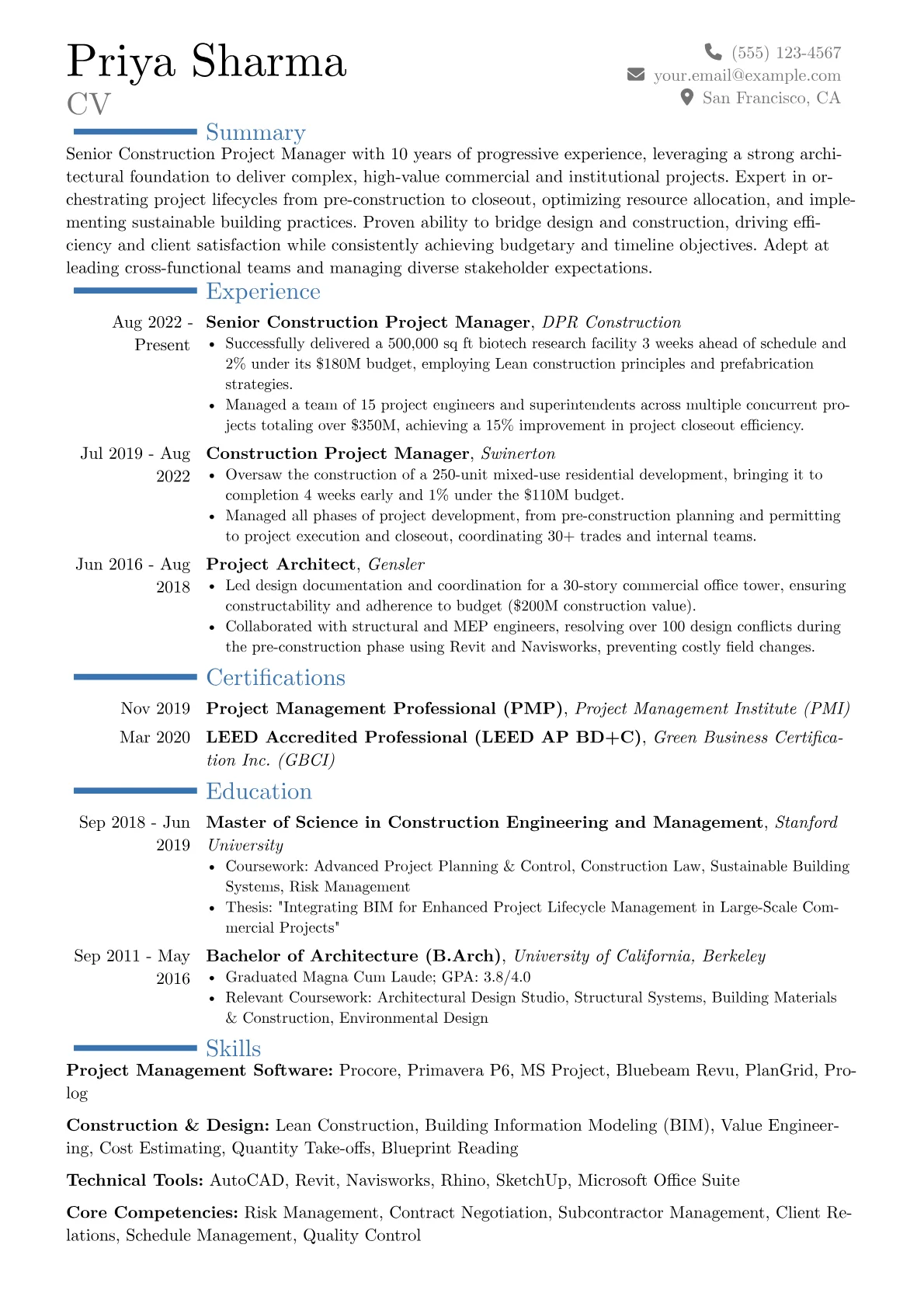 Senior Construction Project Manager resume example, Career changer, page 1
