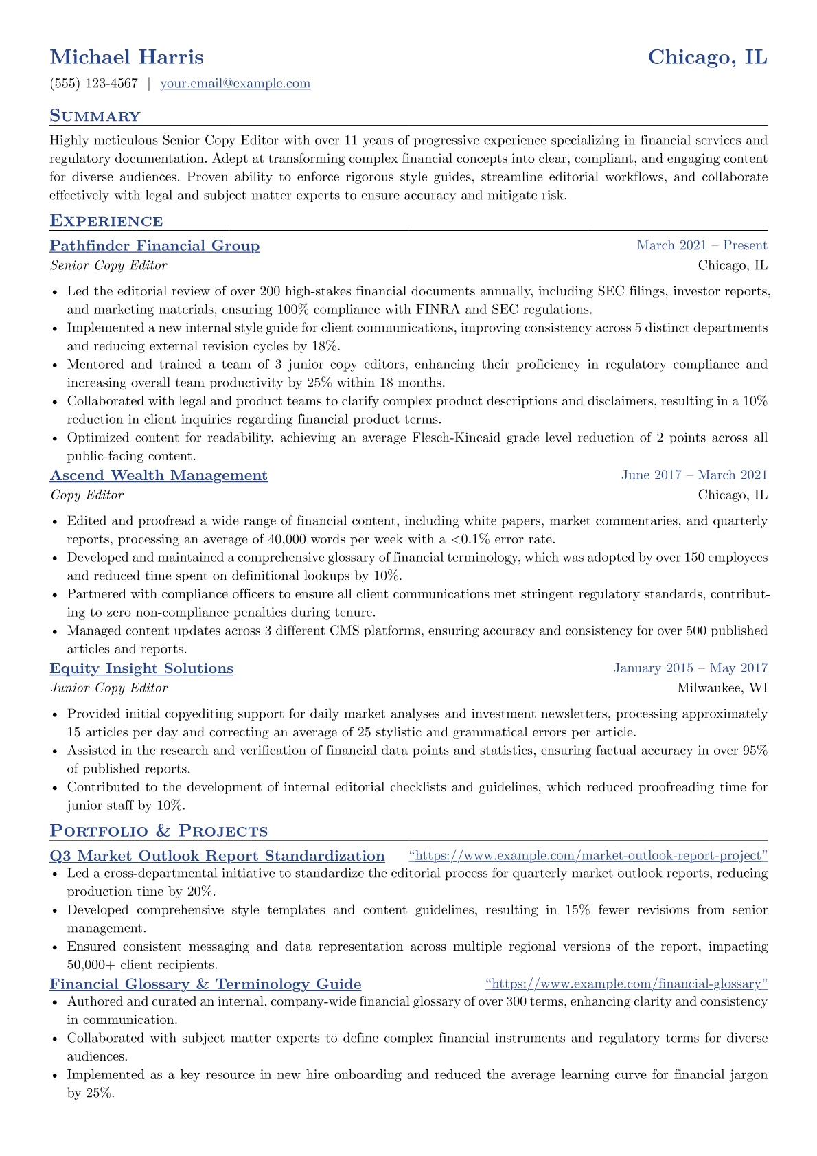 Senior Copy Editor resume example, Editorial & Style, page 1