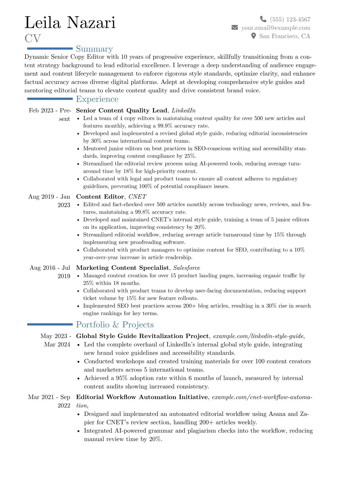 Senior Copy Editor resume example, Career changer, page 1