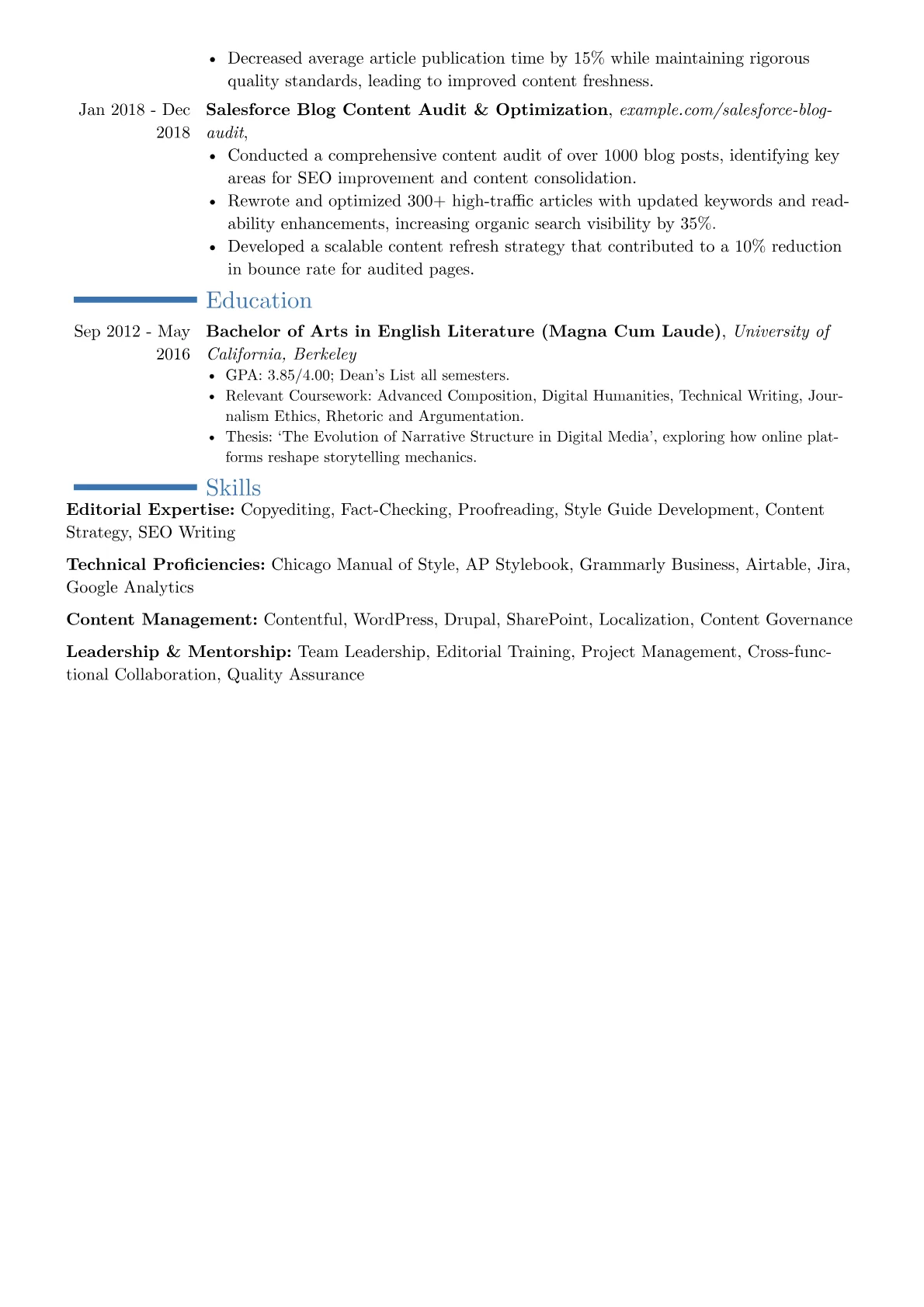 Senior Copy Editor resume example, Career changer, page 2