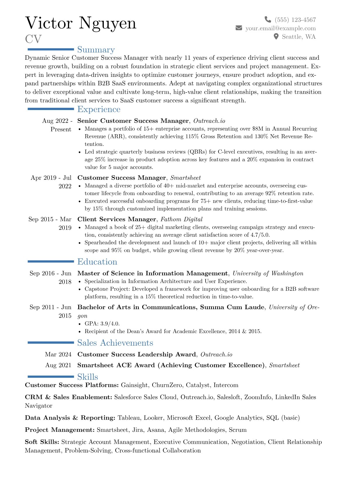 Senior Customer Success Manager resume example, Career changer, page 1