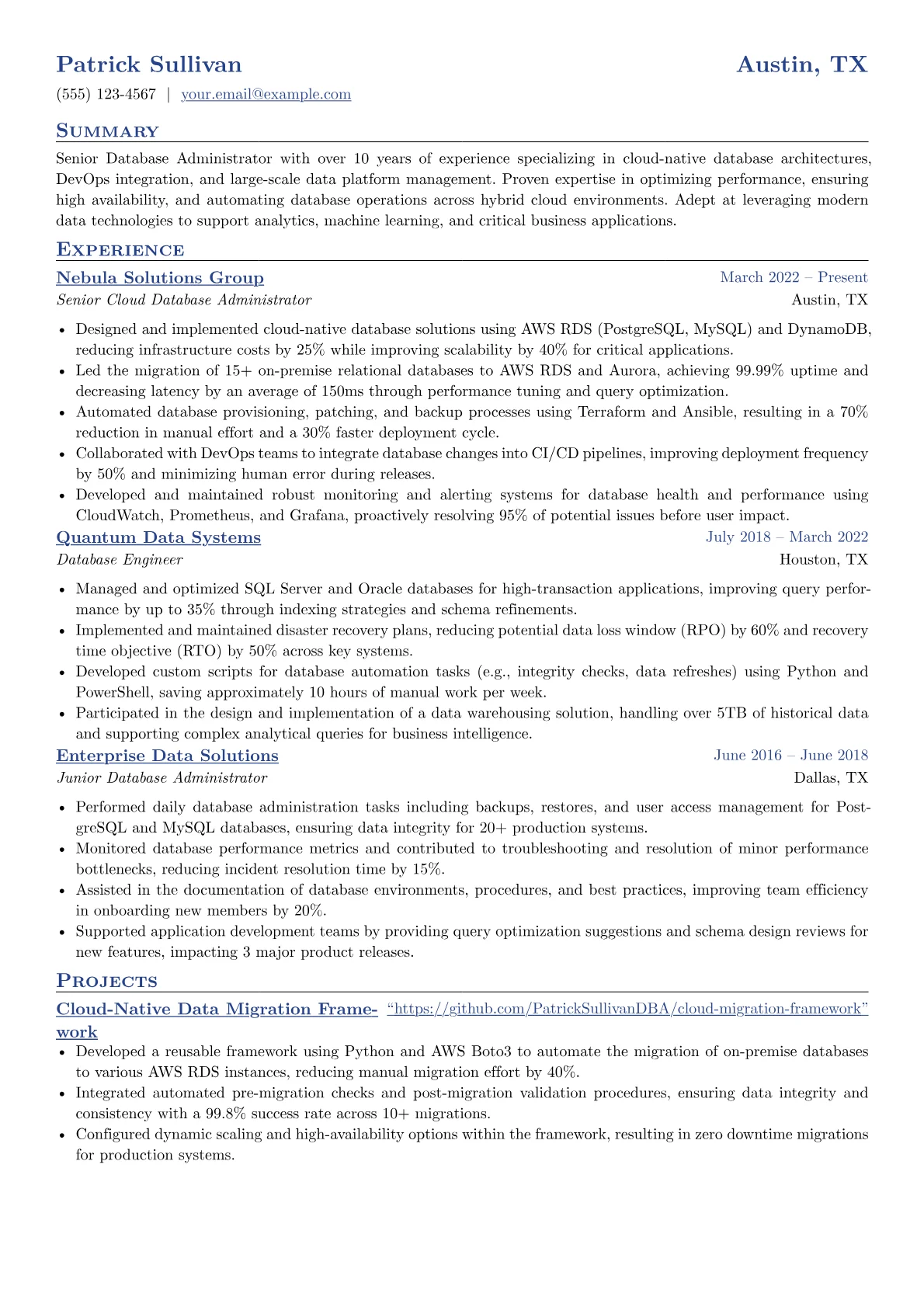 Senior Database Administrator resume example, Senior Cloud Database, page 1