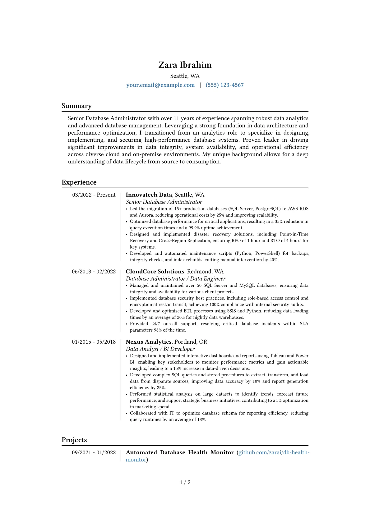 Senior Database Administrator resume example, Career changer, page 1