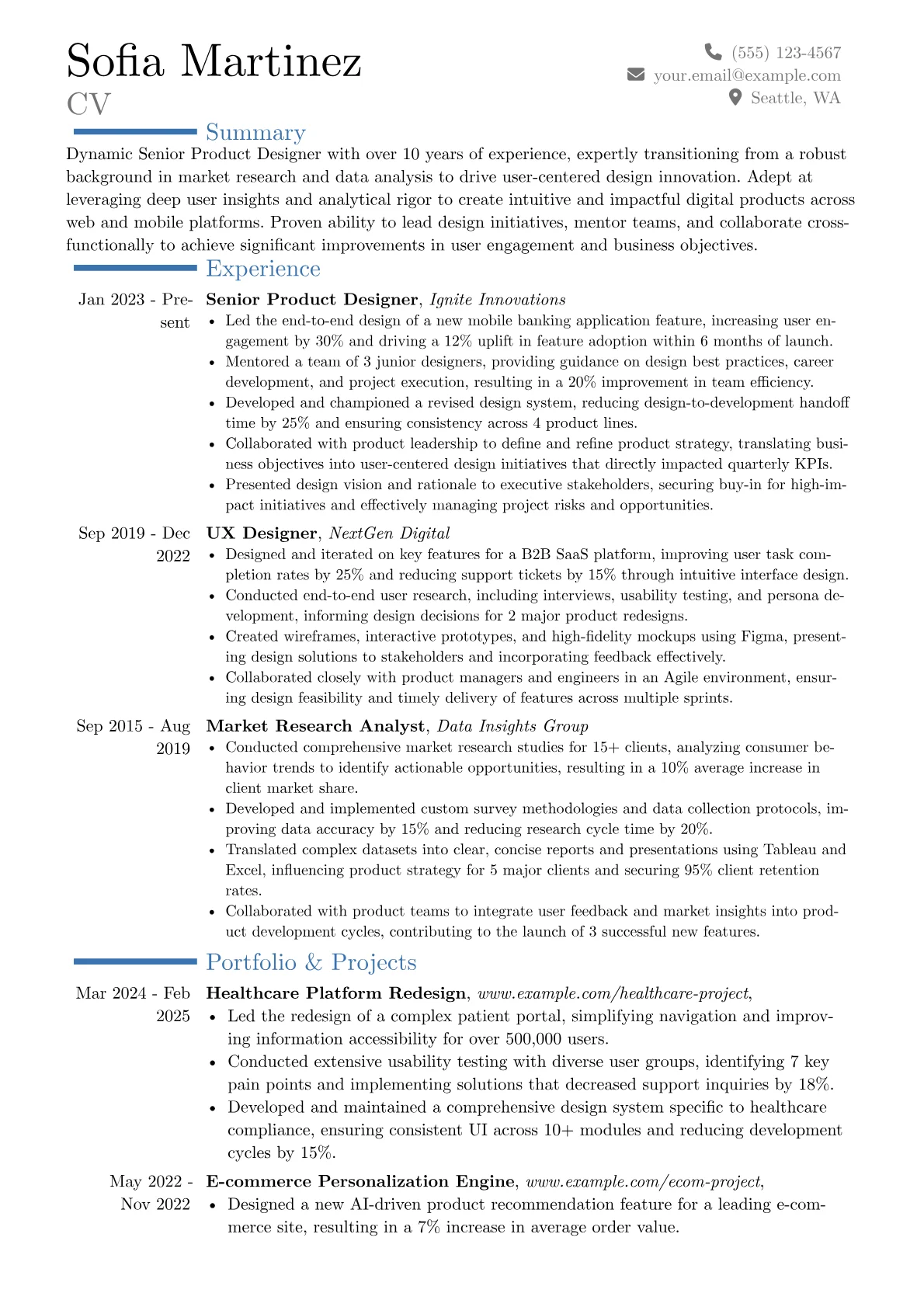 Senior Designer resume example, Career changer, page 1