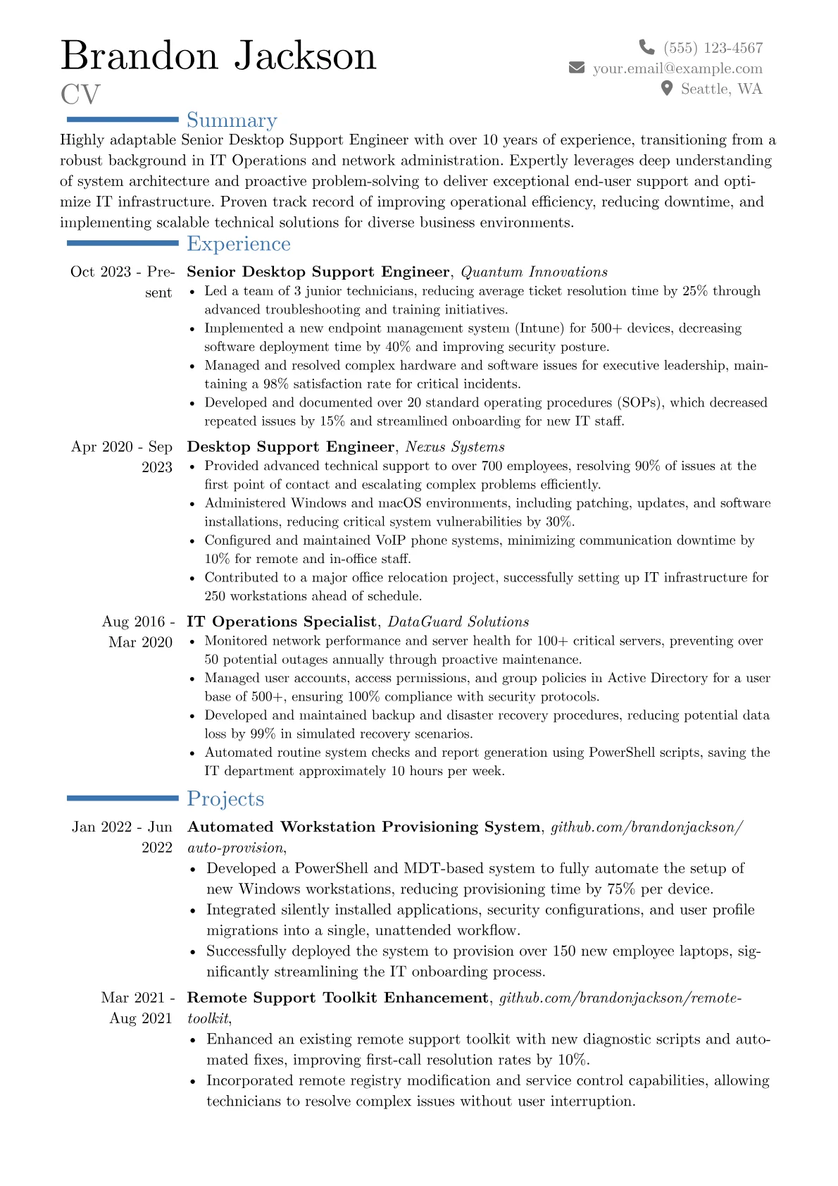 Senior Desktop Support Engineer resume example, Career changer, page 1
