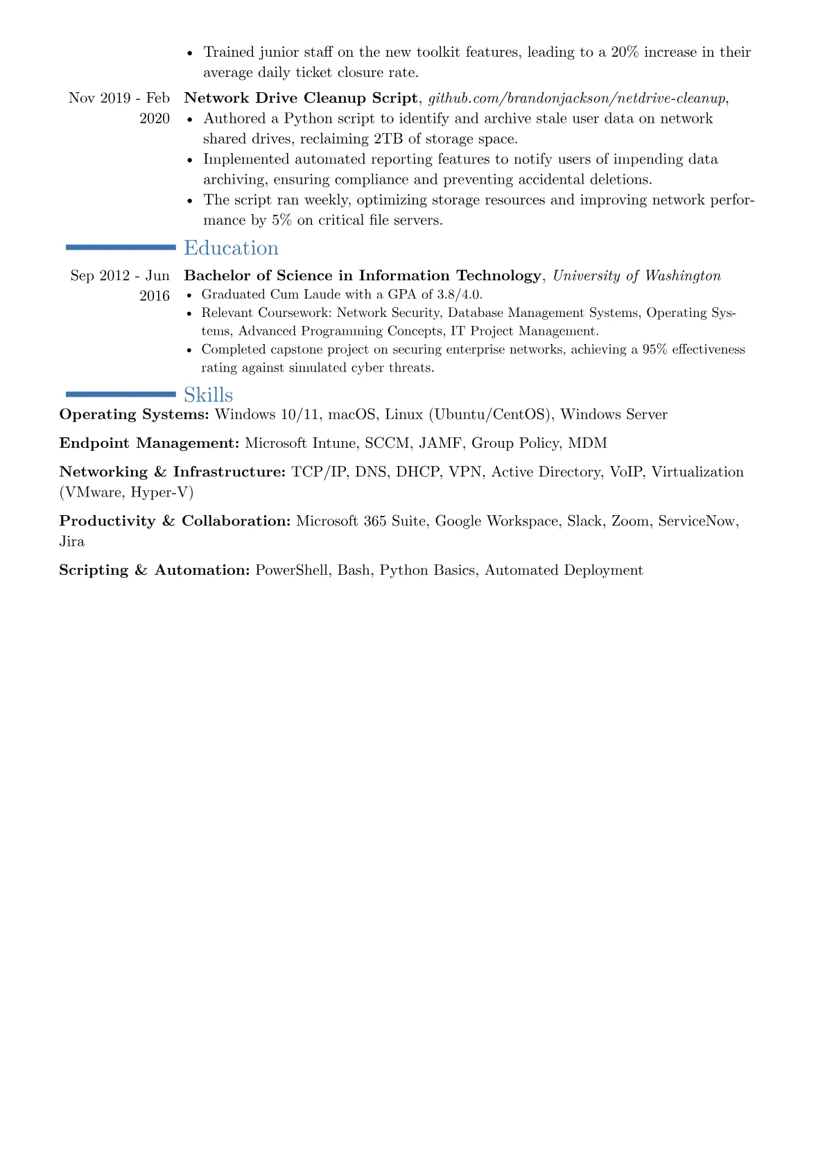 Senior Desktop Support Engineer resume example, Career changer, page 2