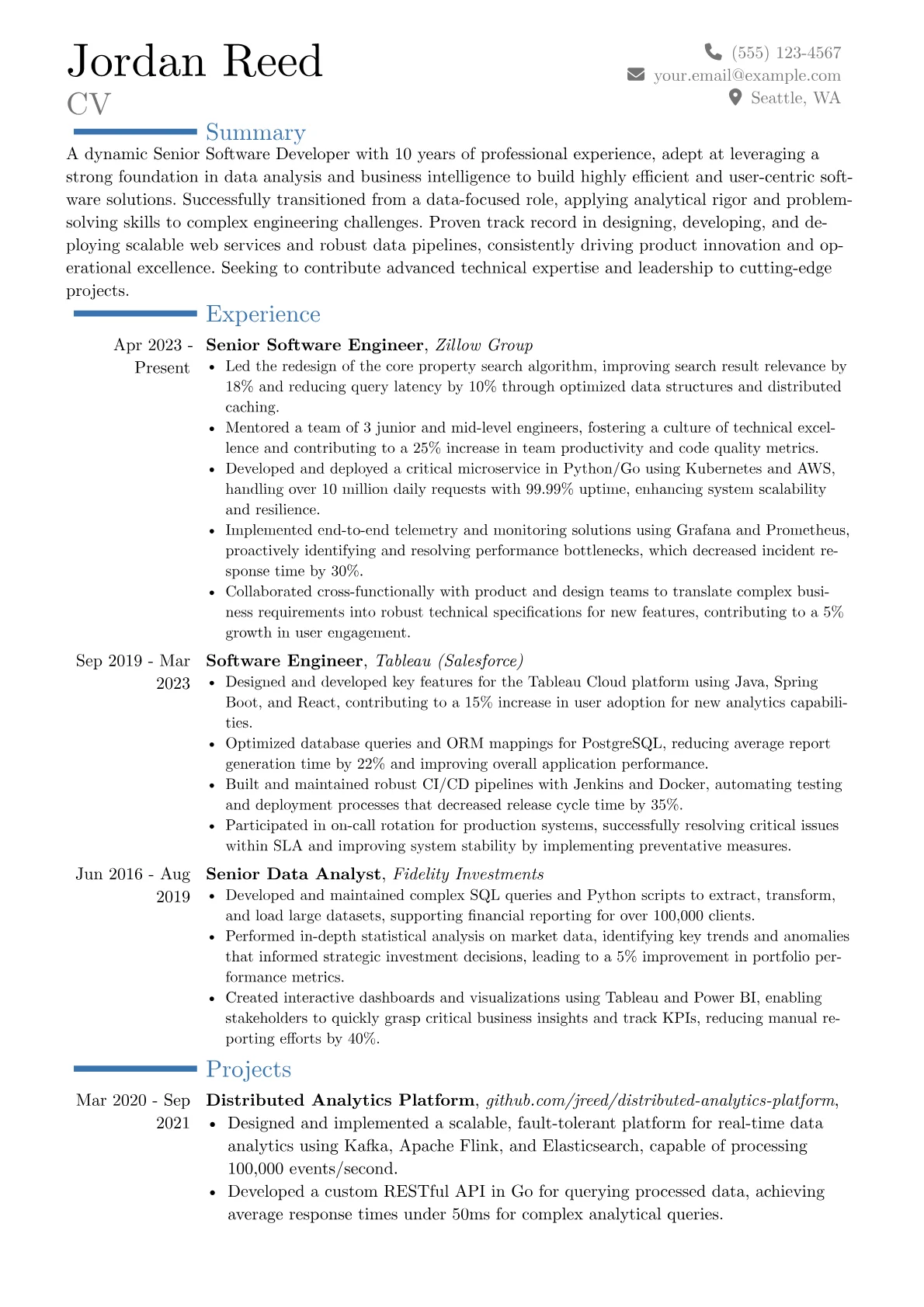 Senior Developer resume example, Career changer, page 1