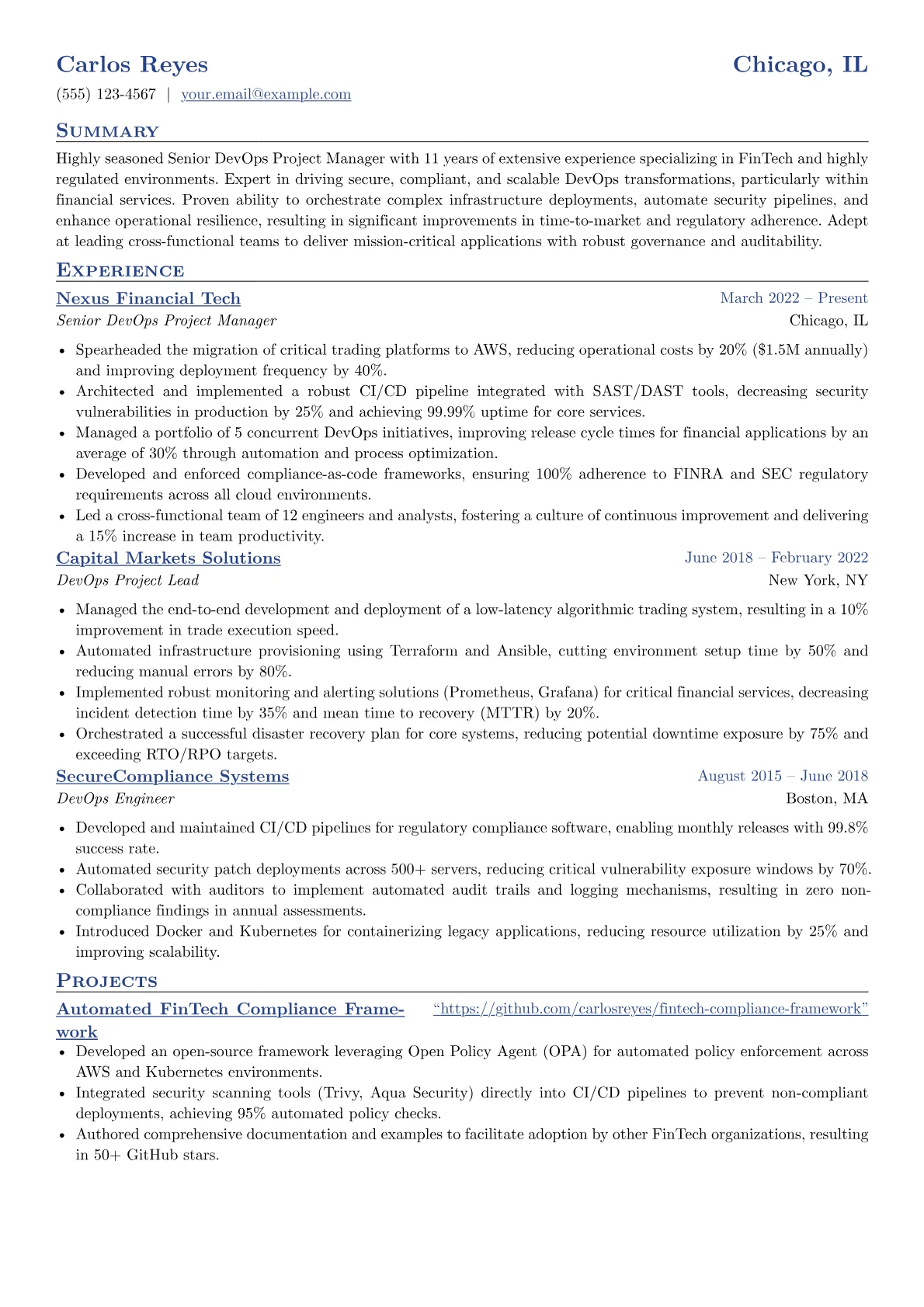 Senior DevOps Project Manager resume example, Senior DevOps Project, page 1