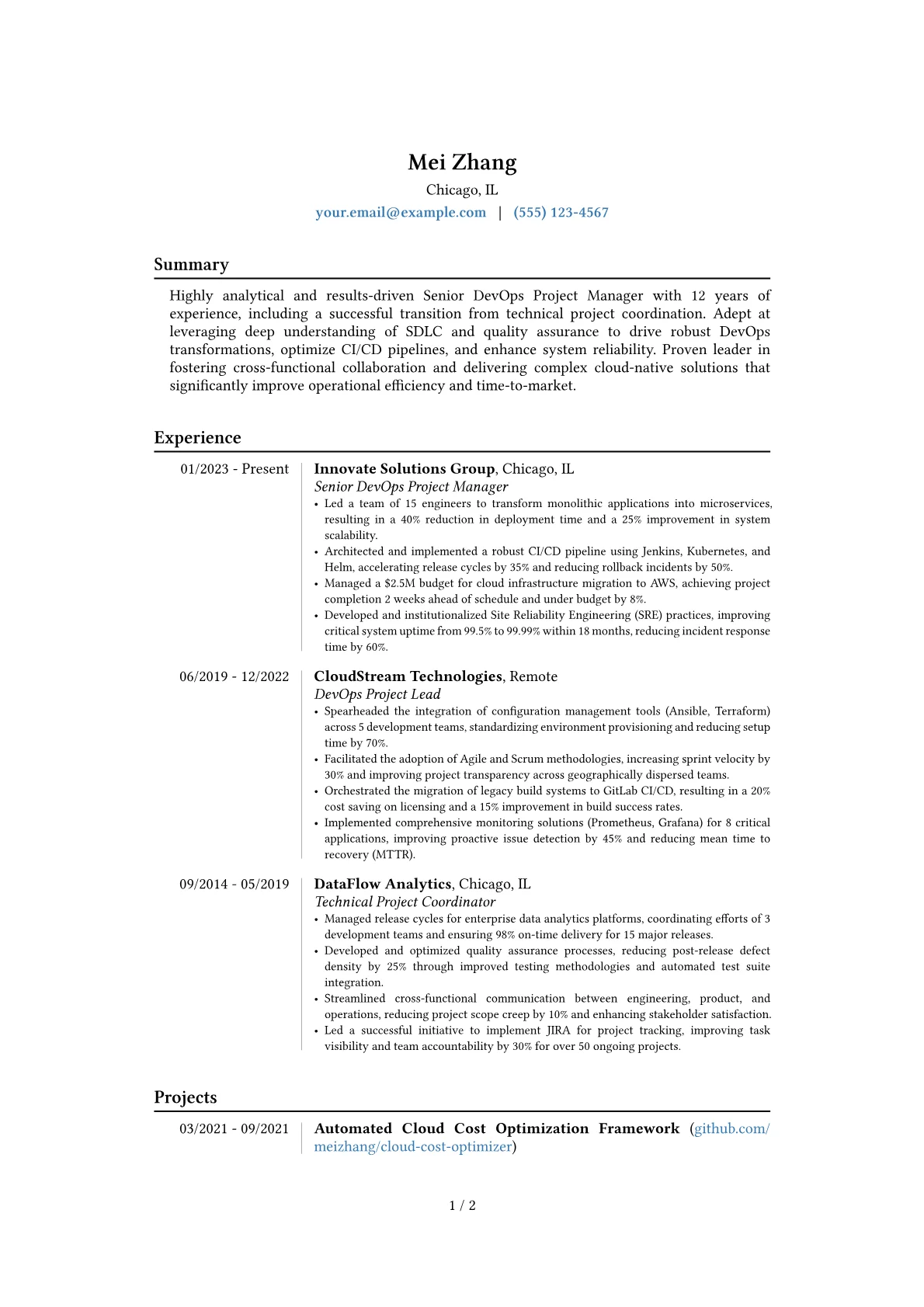 Senior DevOps Project Manager resume example, Career changer, page 1