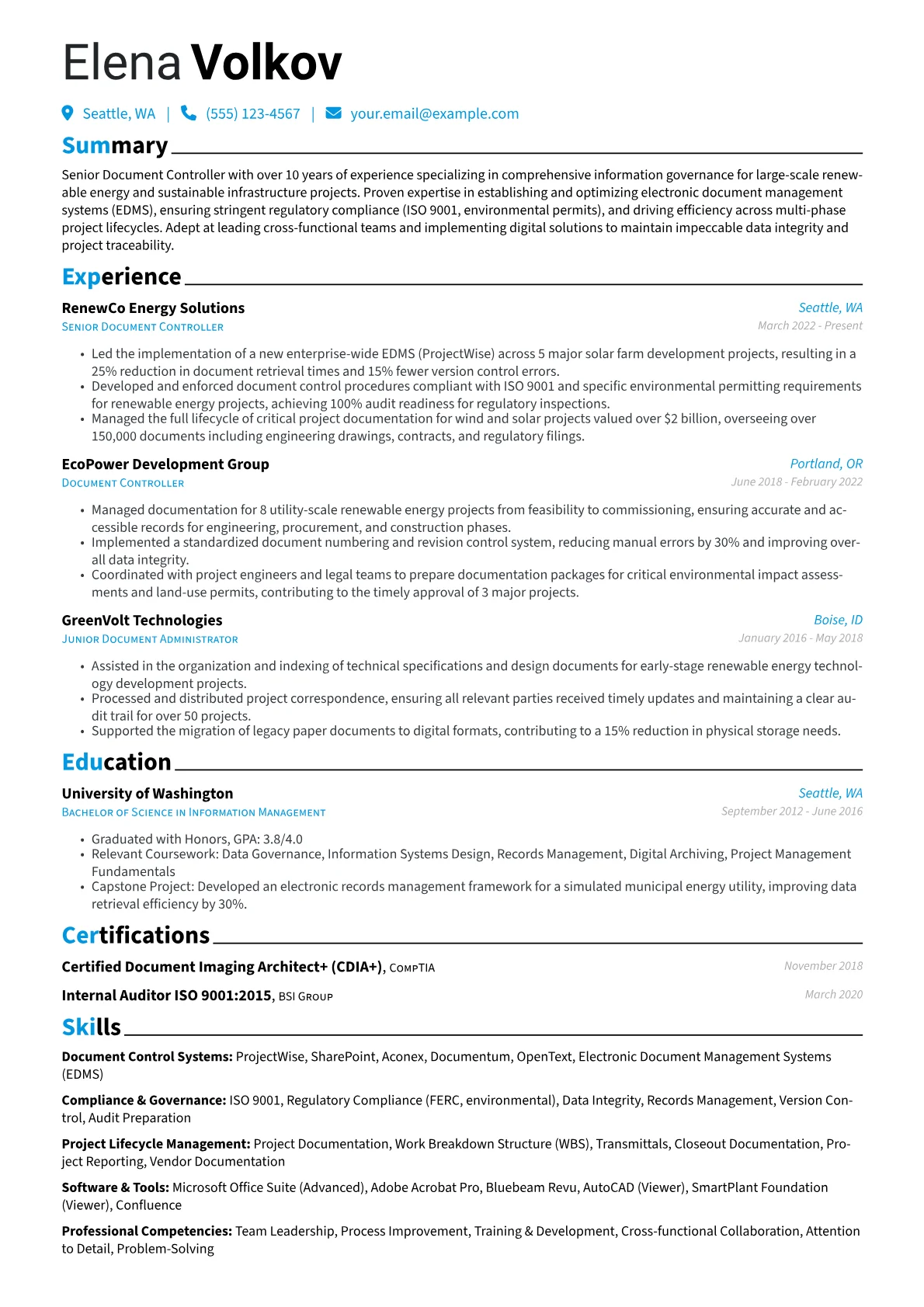 Senior Document Controller resume example, Renewable Energy Focus, page 1