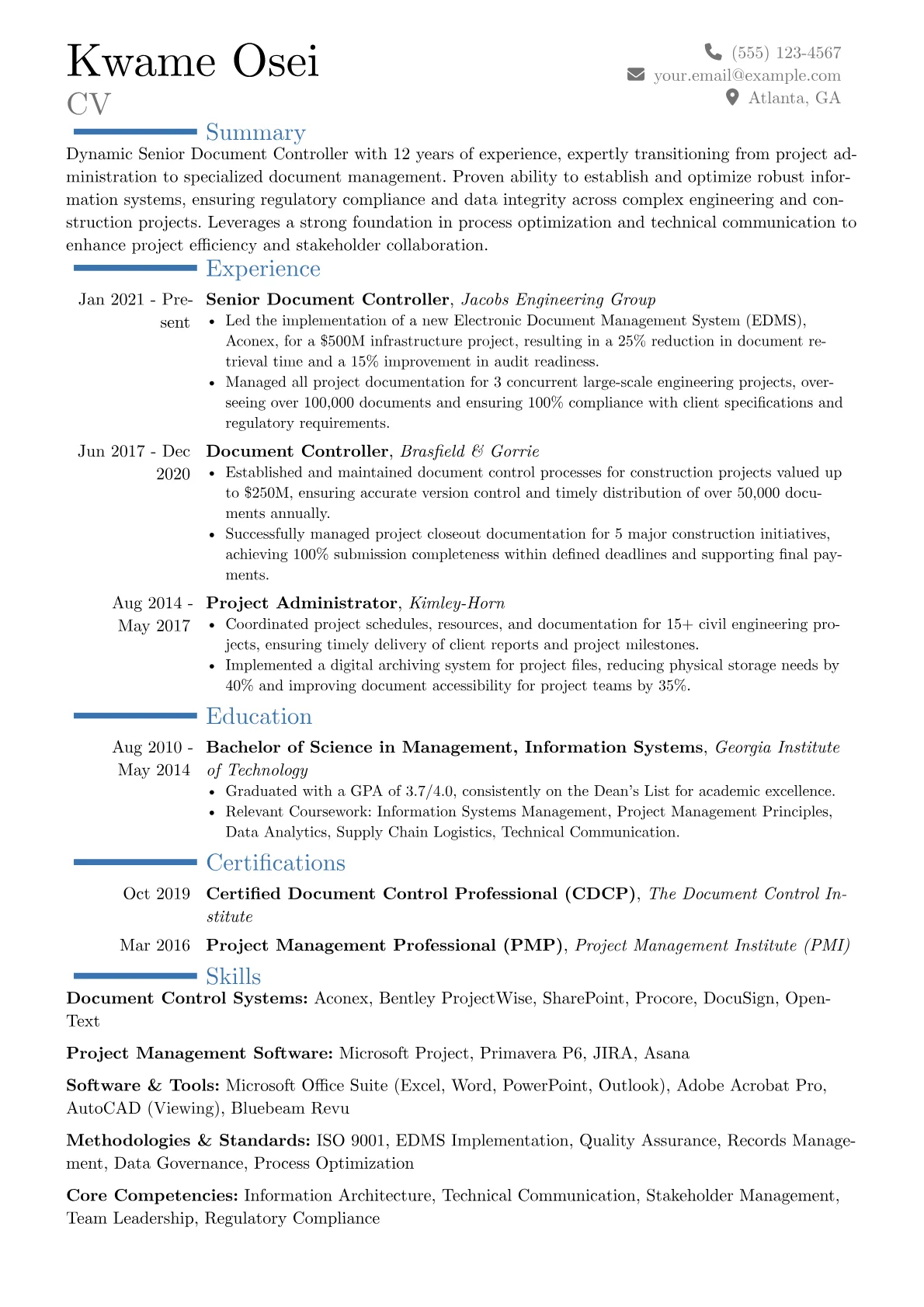Senior Document Controller resume example, Career changer, page 1