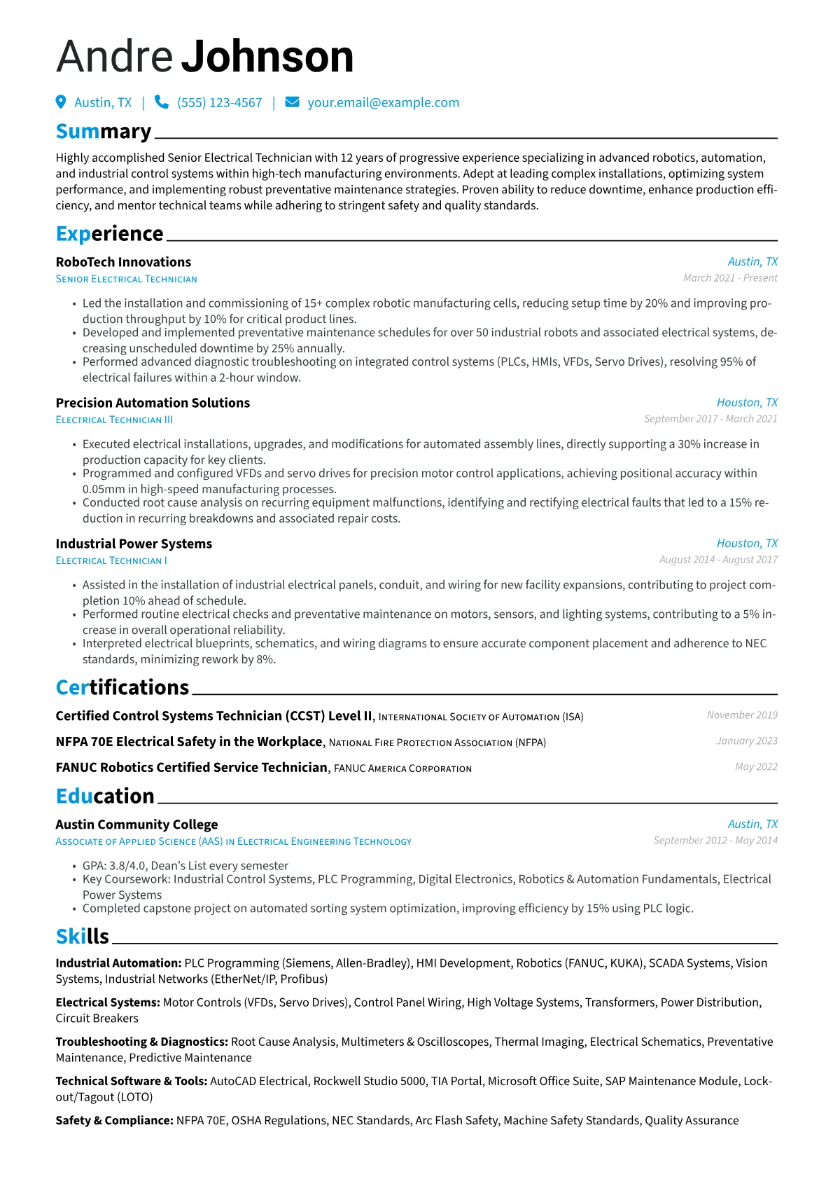 Senior Electrical Technician resume example, Robotics & Automation, page 1