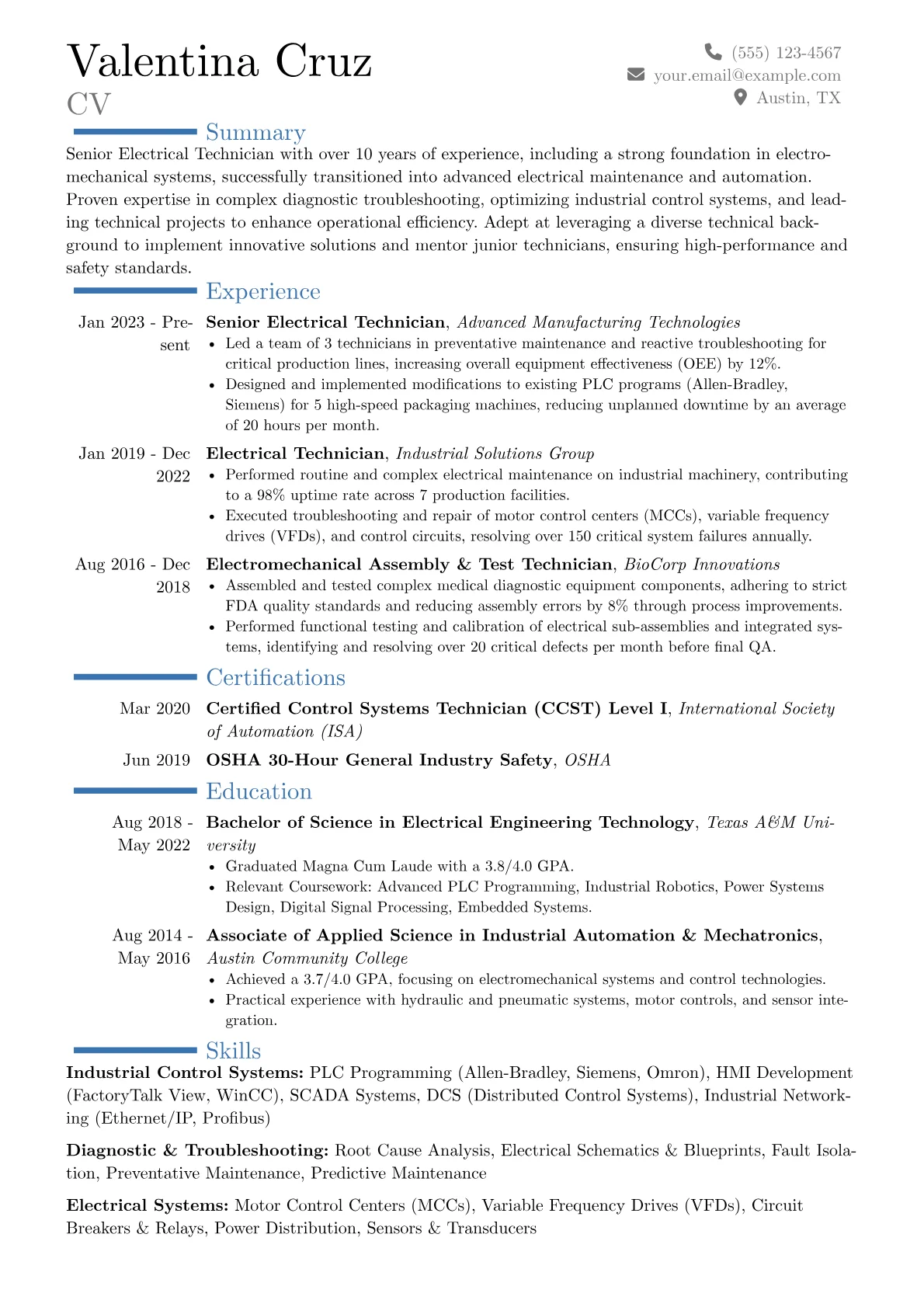 Senior Electrical Technician resume example, Career changer, page 1