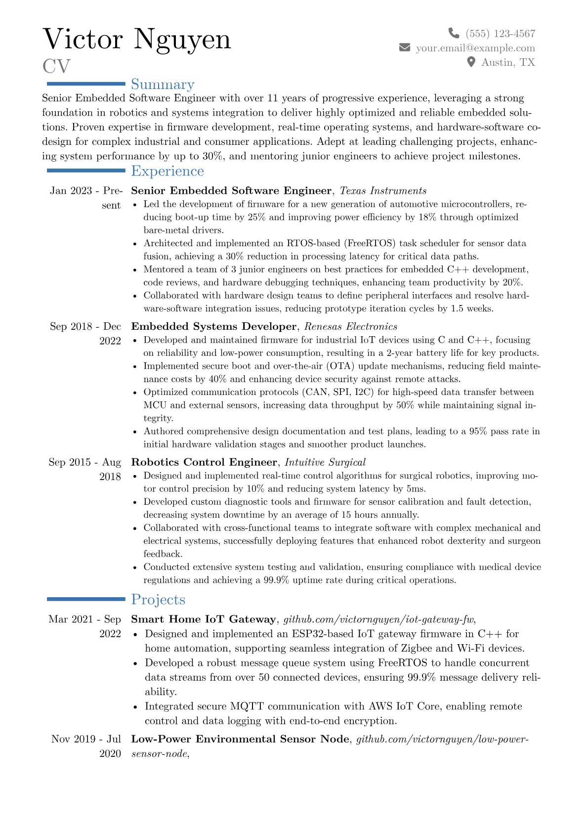 Senior Embedded Software Engineer resume example, Career changer, page 1