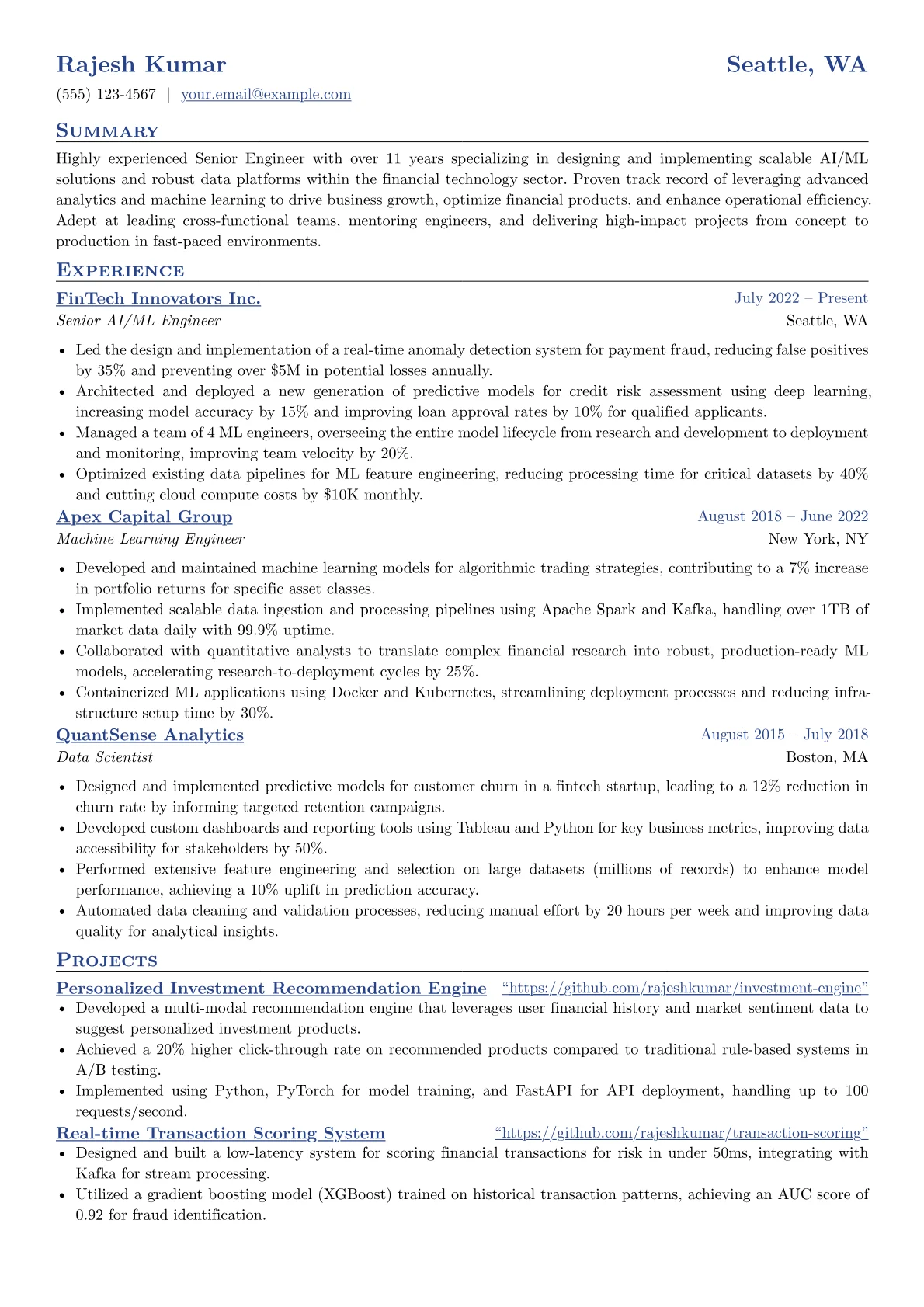 Senior Engineer resume example, Fintech AI/ML Specialist, page 1