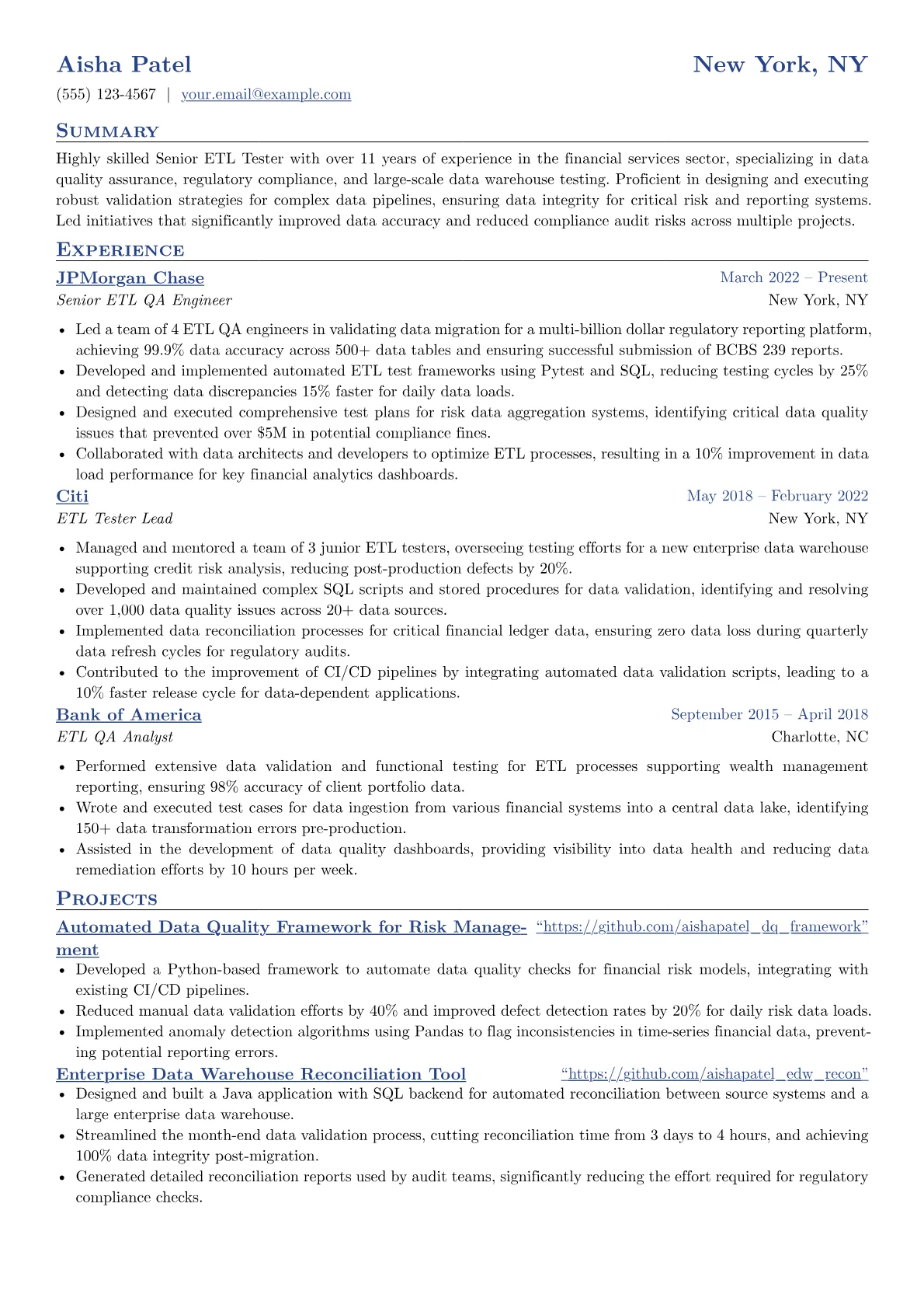 Senior ETL Tester resume example, Senior ETL Tester, page 1