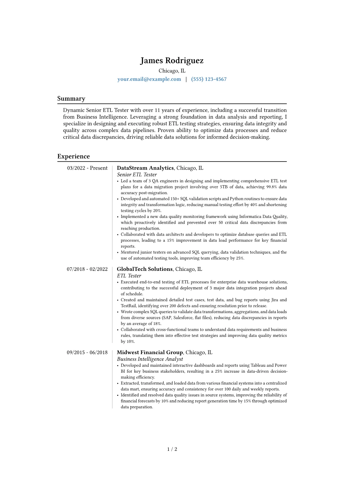 Senior ETL Tester resume example, Career changer, page 1