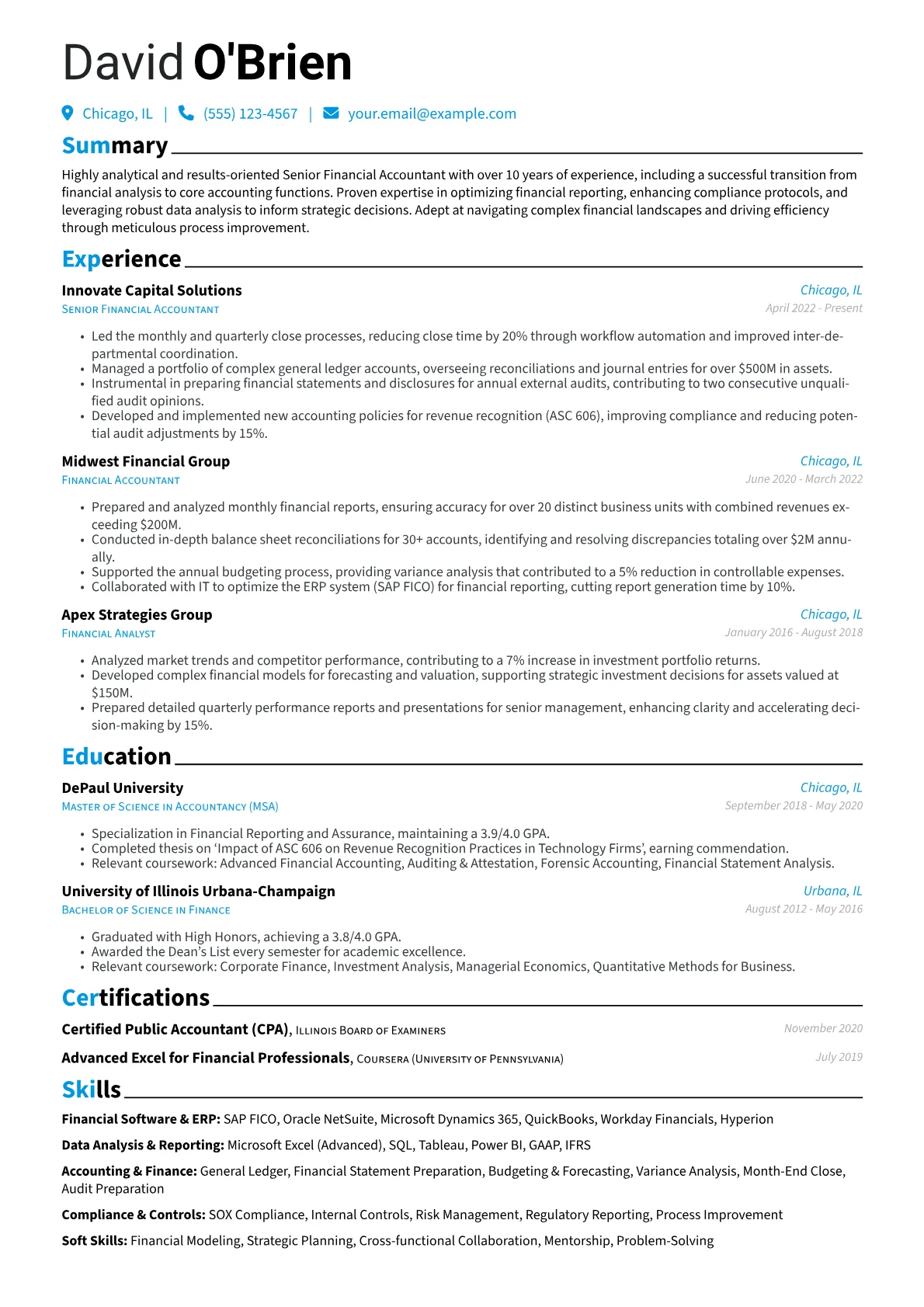 Senior Financial Accountant resume example, Career changer, page 1
