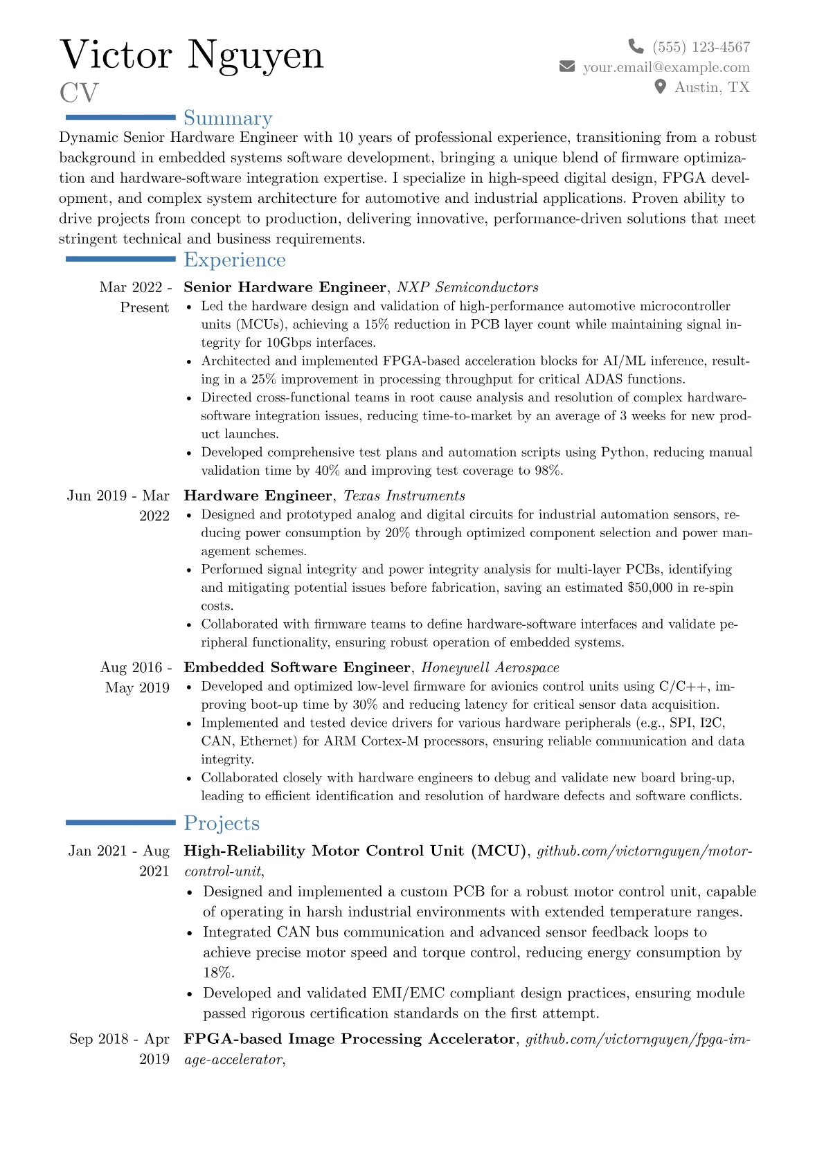 Senior Hardware Engineer resume example, Career changer, page 1