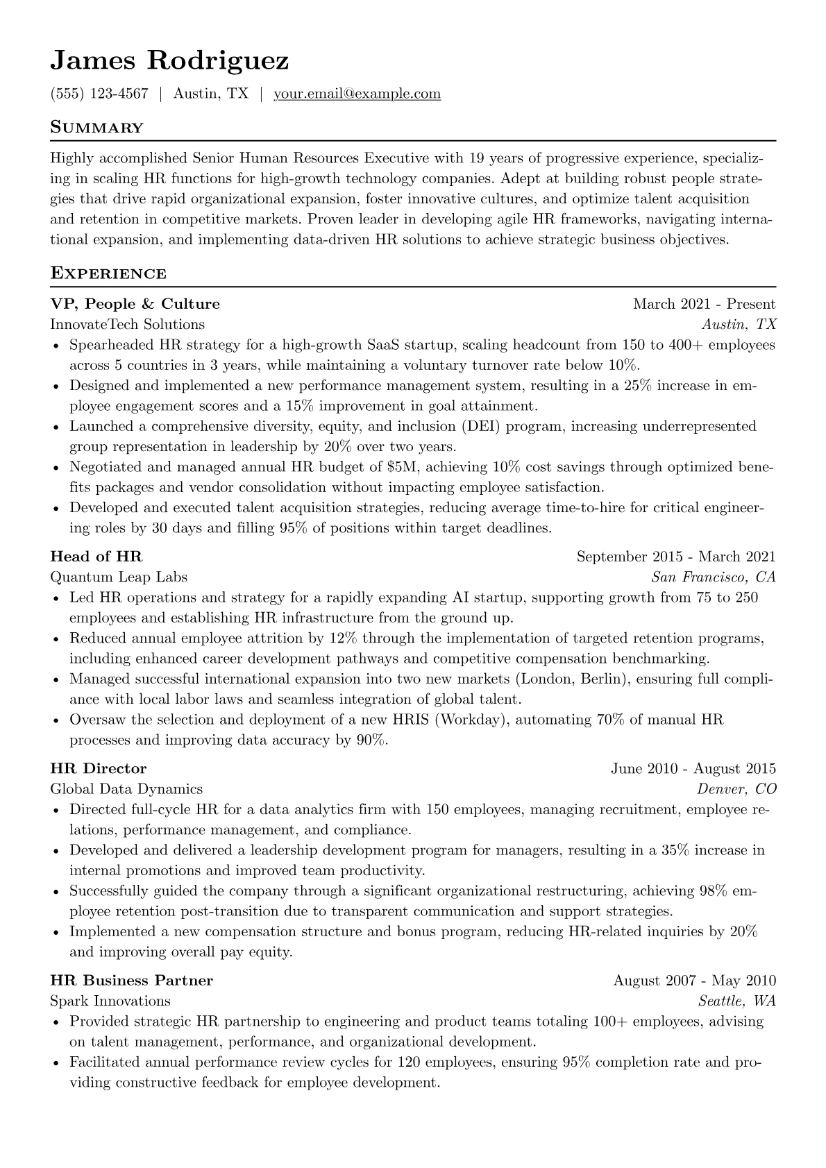 Senior Human Resources Executive resume example, Executive - Tech Scale-up, page 1