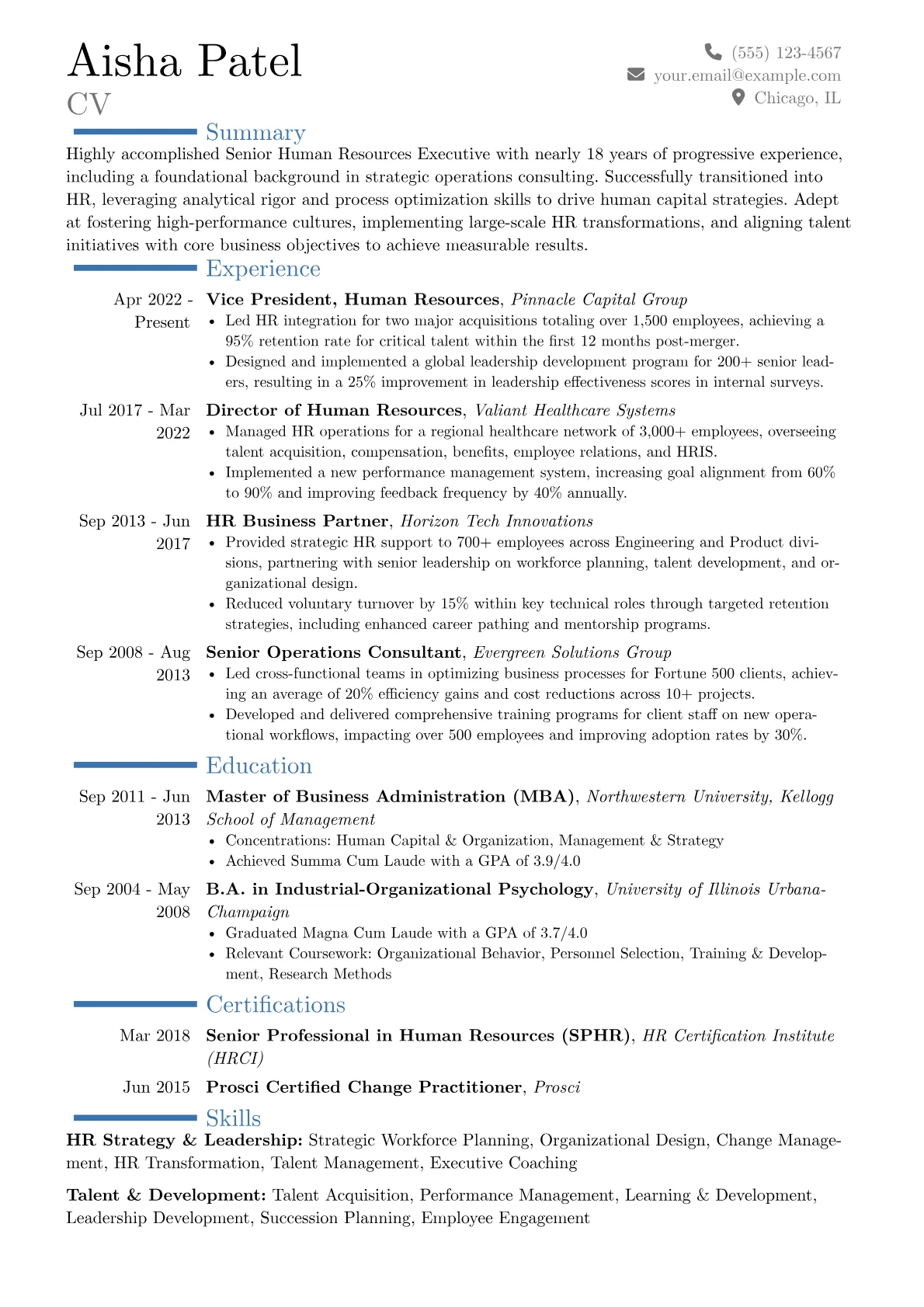 Senior Human Resources Executive resume example, Career changer, page 1