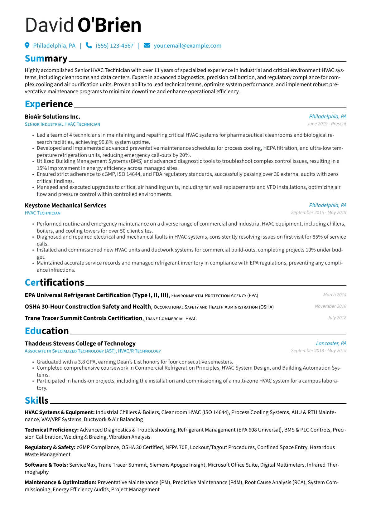 Senior HVAC Technician resume example, Senior Industrial HVAC, page 1