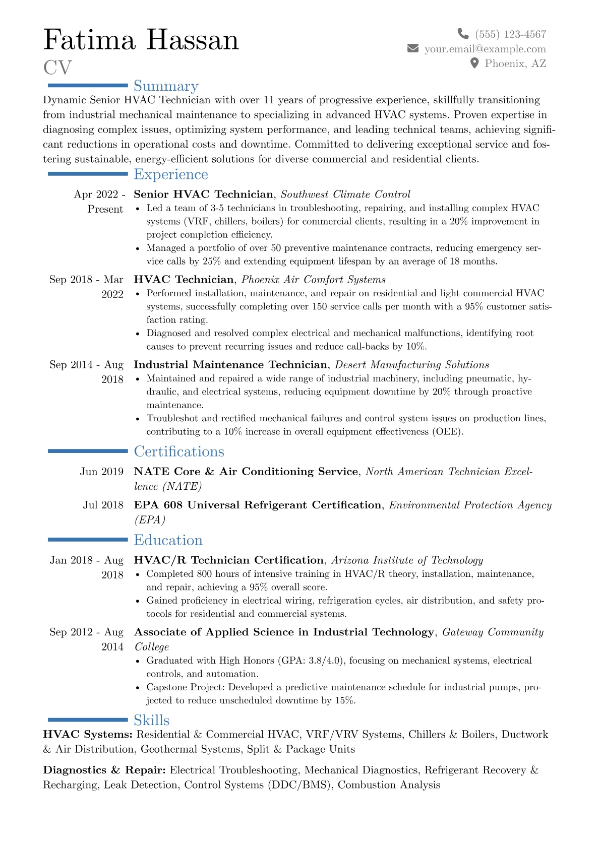 Senior HVAC Technician resume example, Career changer, page 1