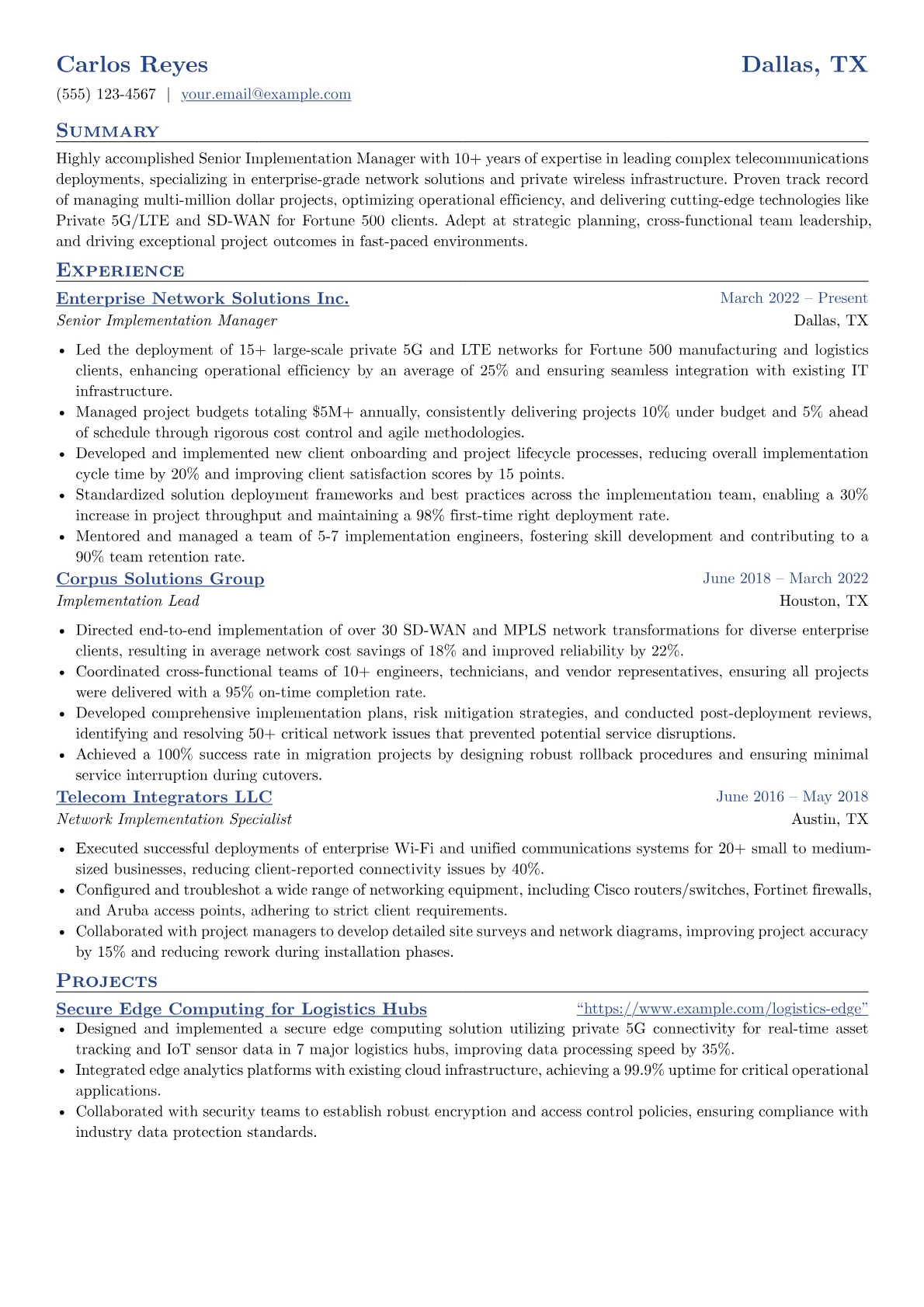 Senior Implementation Manager Telecommunication resume example, Project Management, page 1