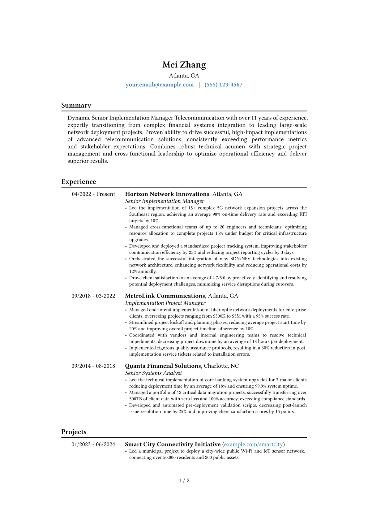 Senior Implementation Manager Telecommunication resume example, Career changer, page 1