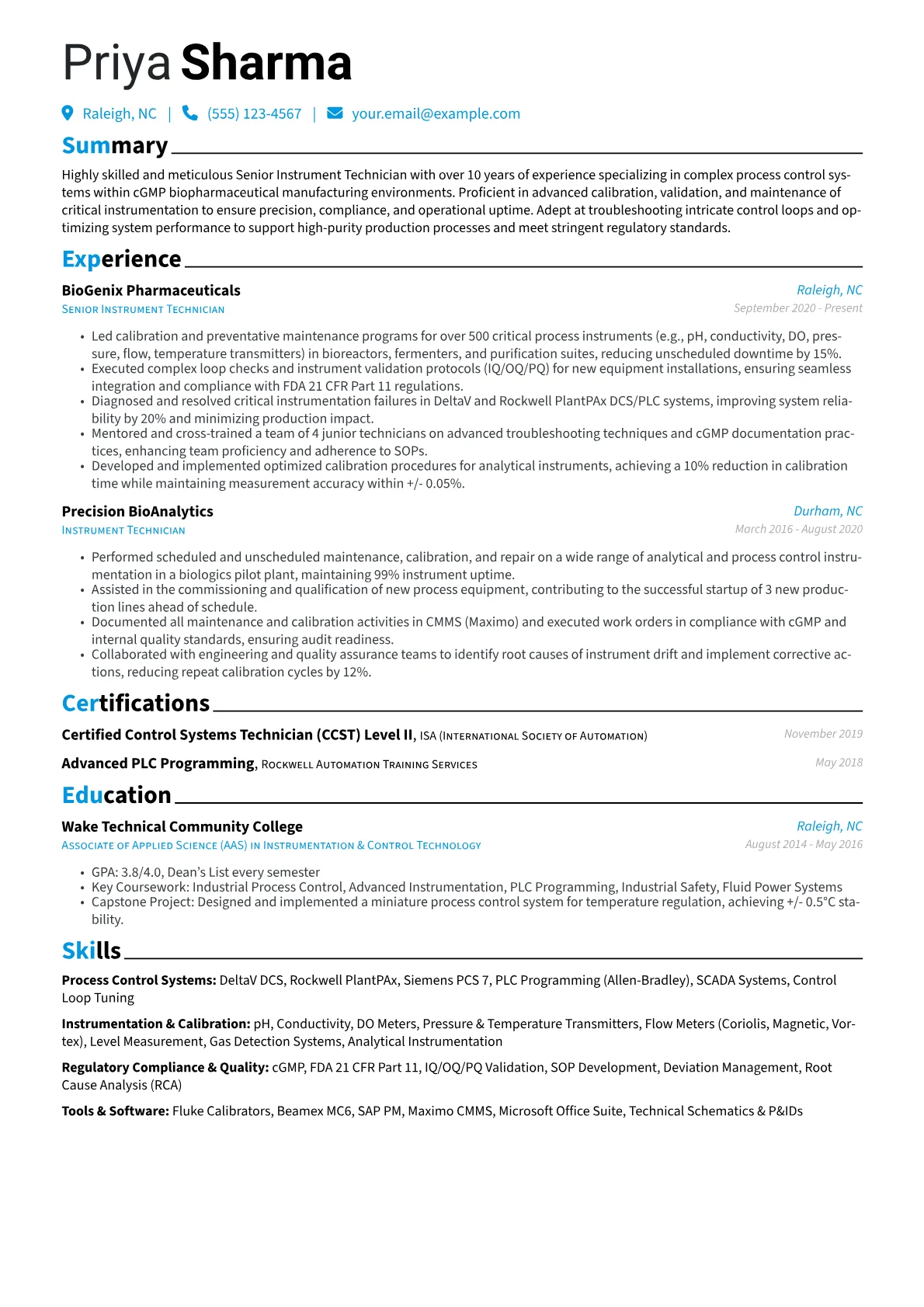 Senior Instrument Technician resume example, Process Control Systems, page 1