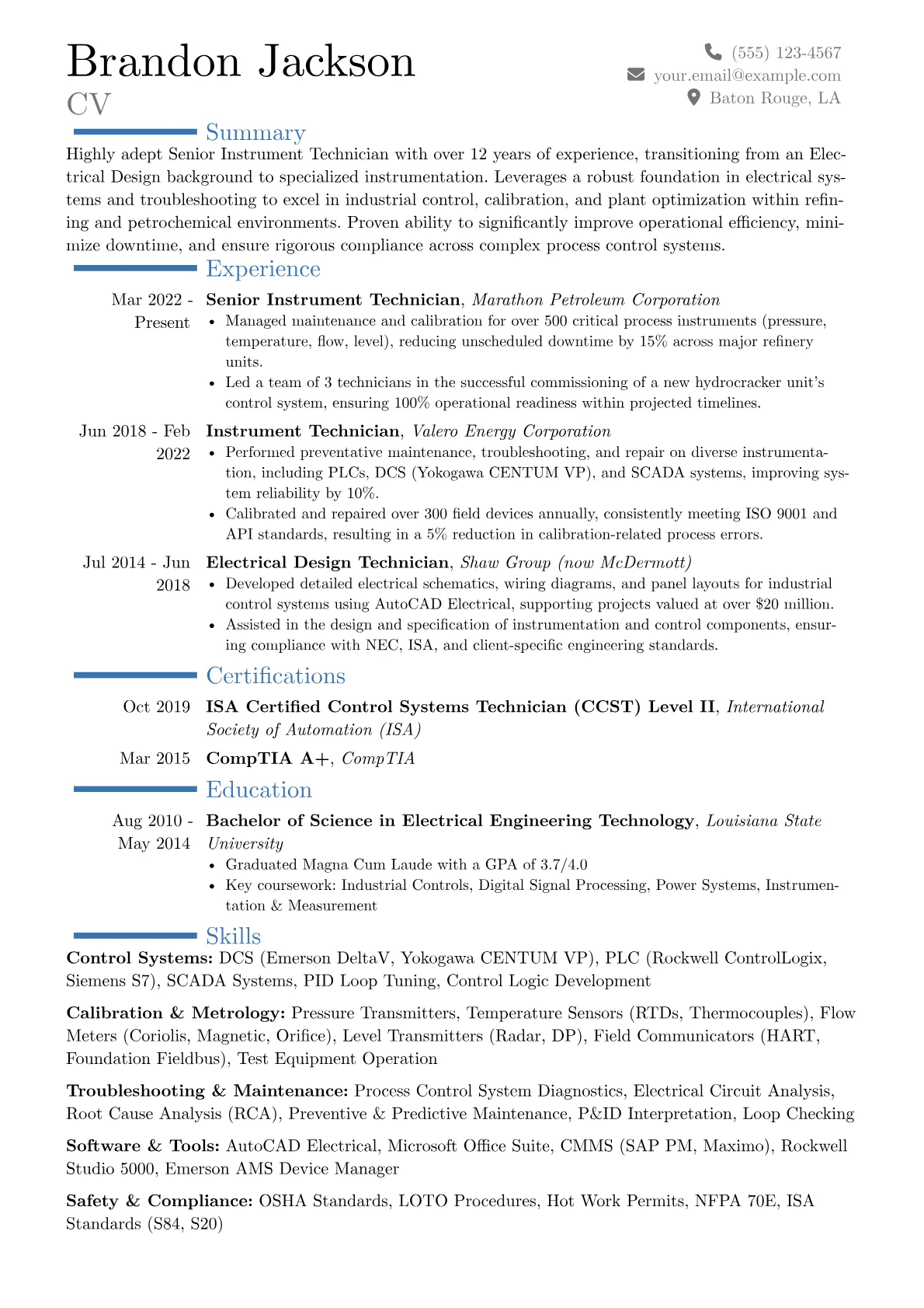 Senior Instrument Technician resume example, Career changer, page 1