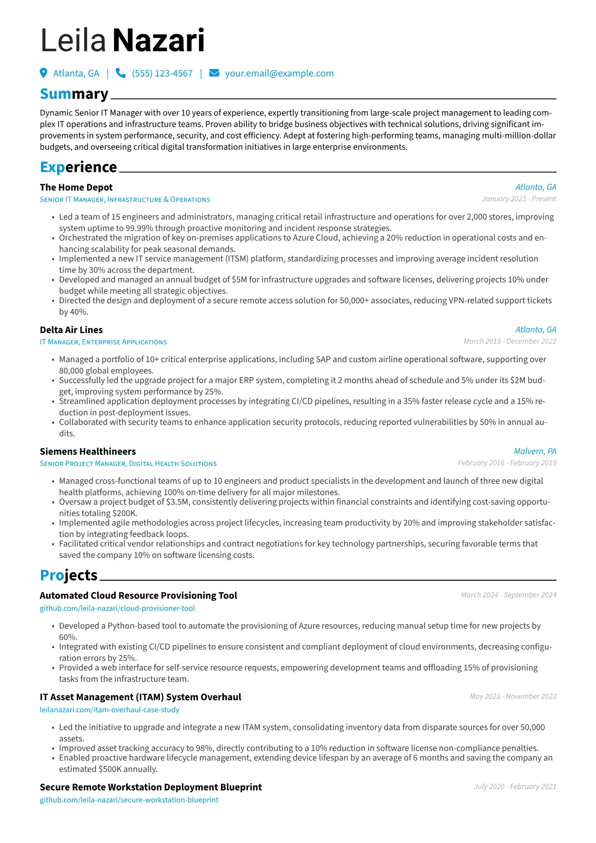 Senior IT Manager resume example, Career changer, page 1