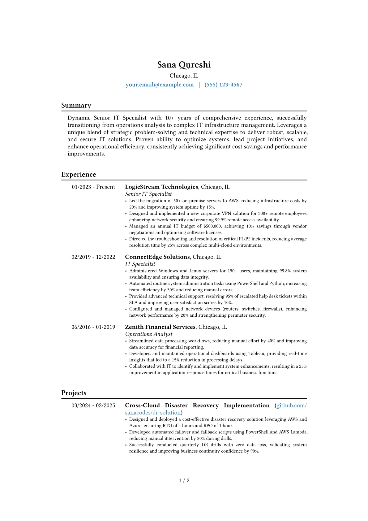 Senior IT Specialist resume example, Career changer, page 1