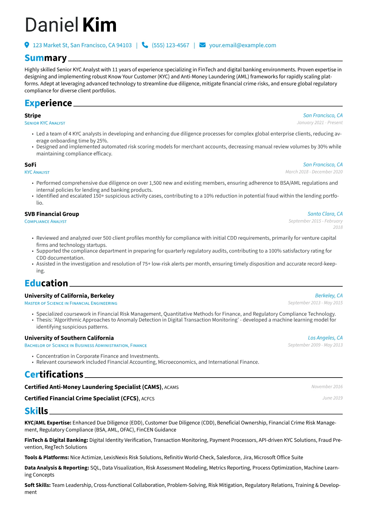 Senior KYC Analyst resume example, FinTech Specialist, page 1