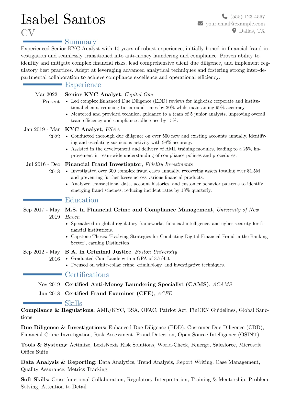 Senior KYC Analyst resume example, Career changer, page 1