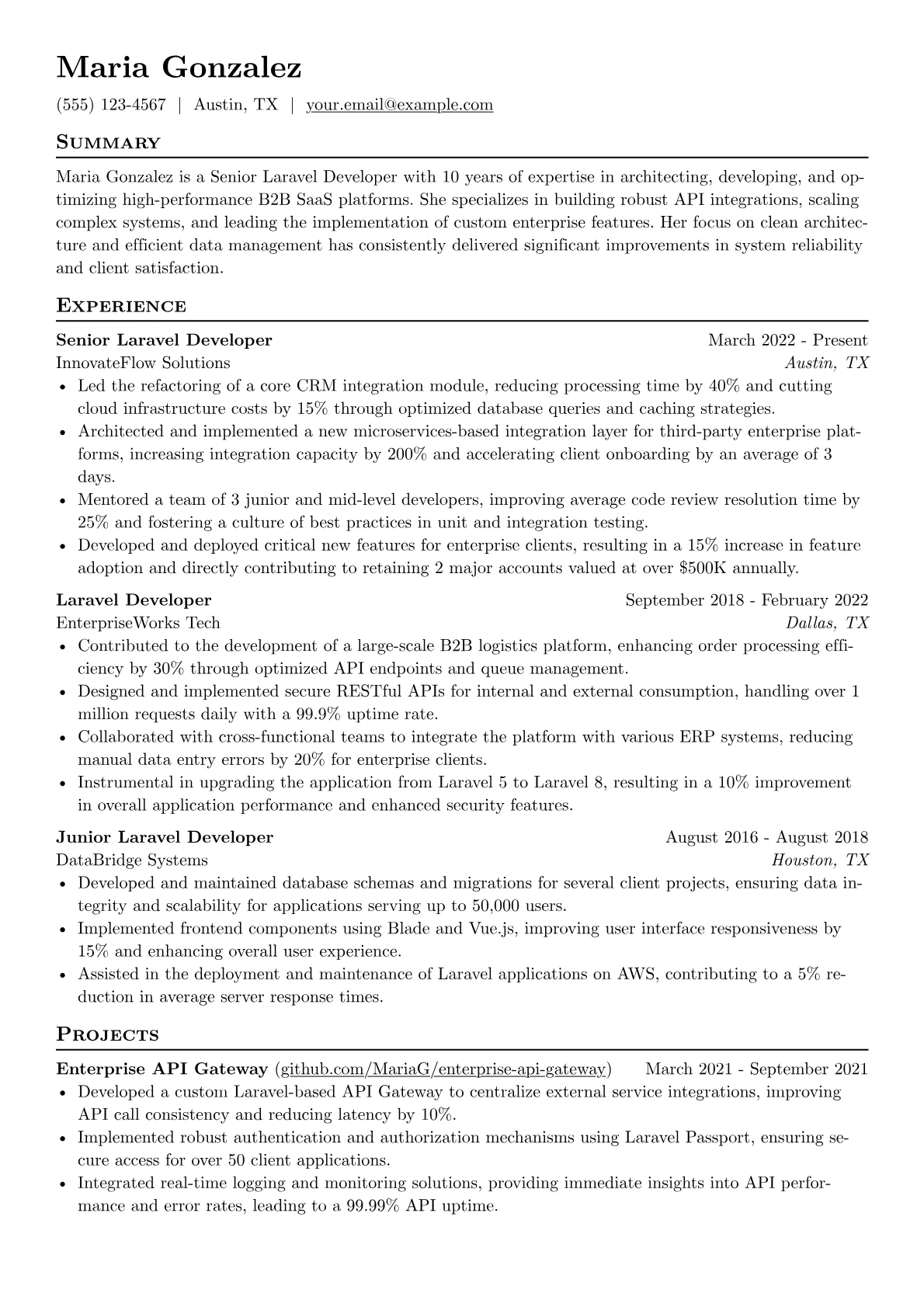 Senior Laravel Developer resume example, Senior Laravel Developer, page 1