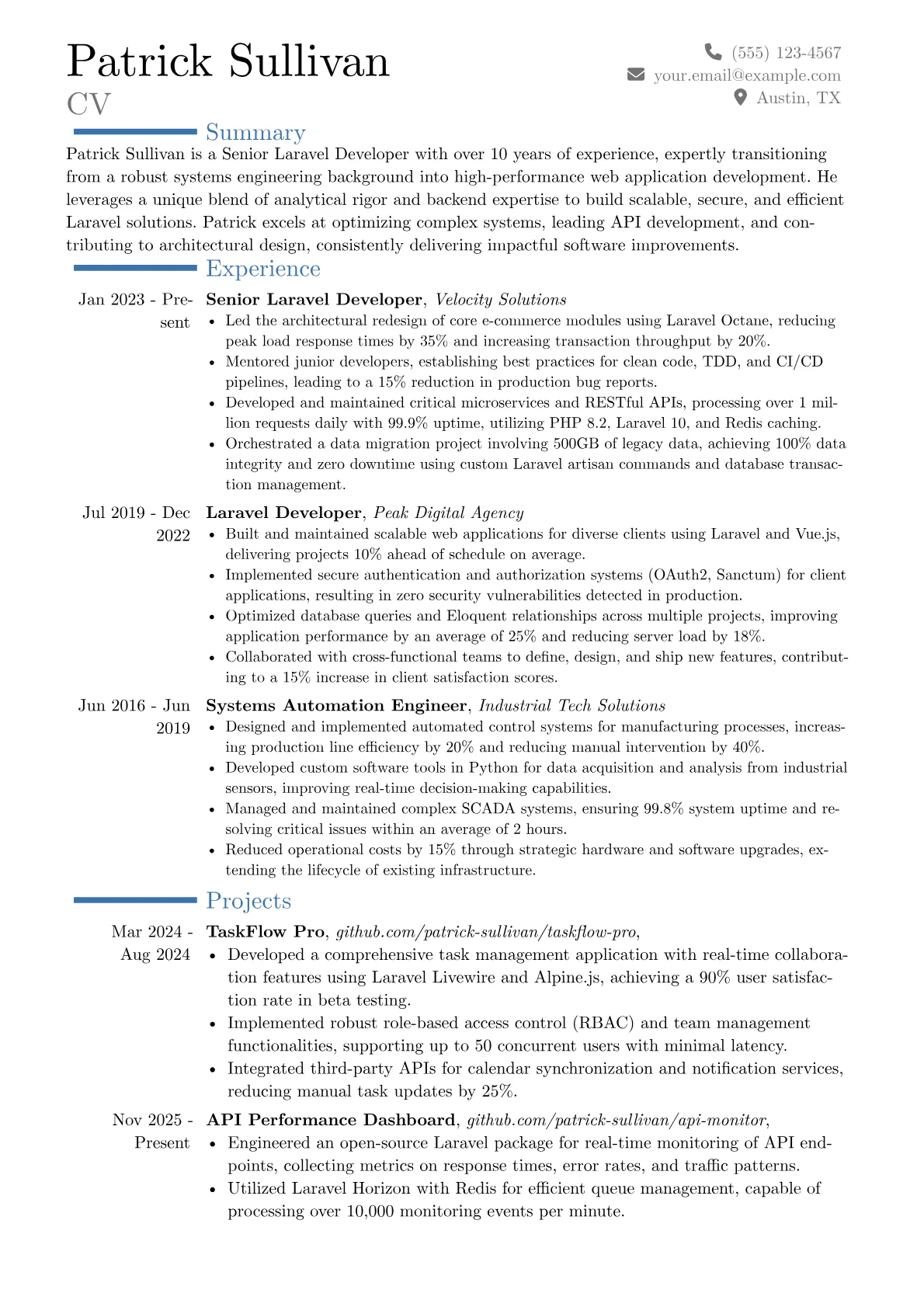 Senior Laravel Developer resume example, Career changer, page 1