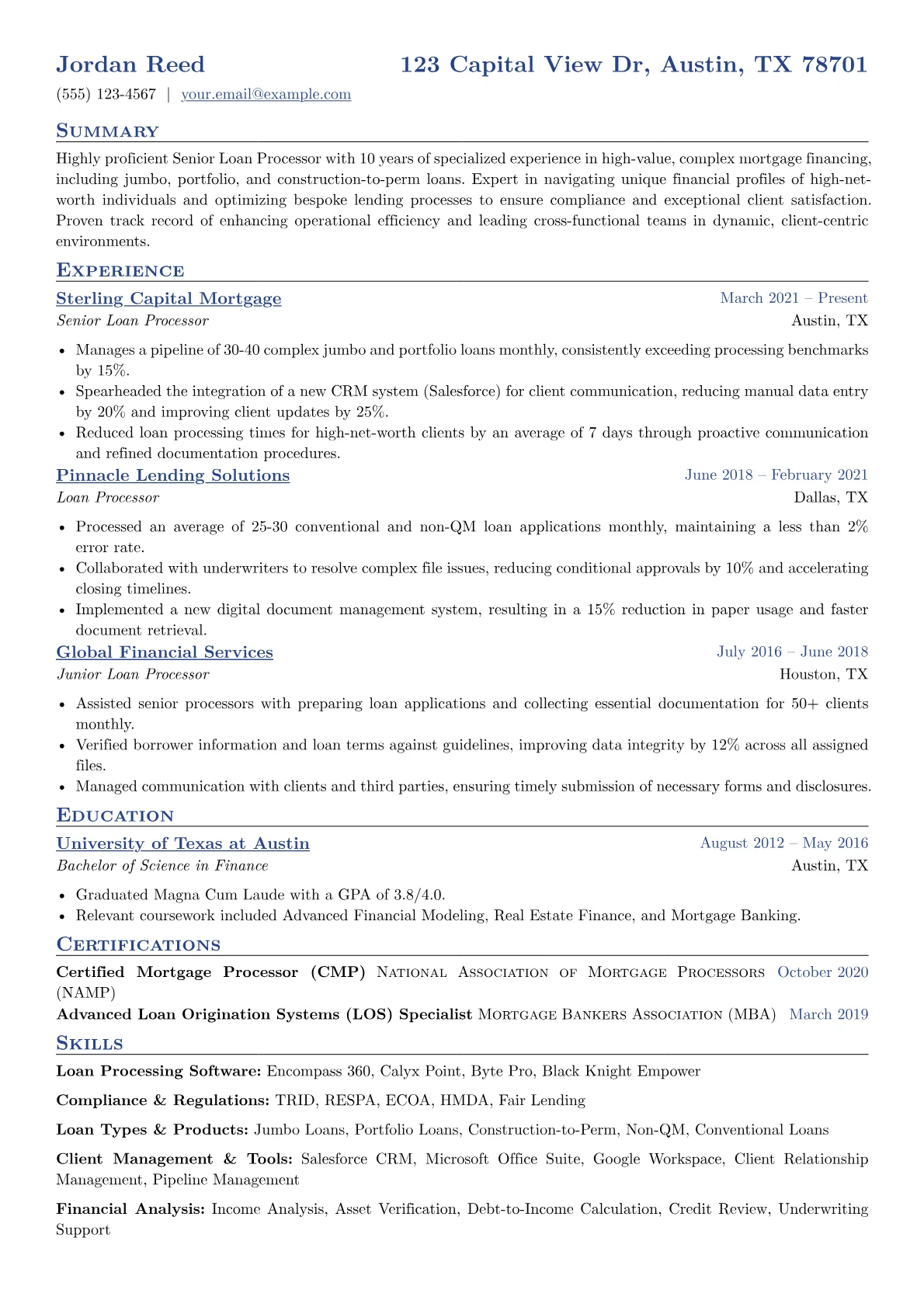 Senior Loan Processor resume example, Loan Processing Software, page 1