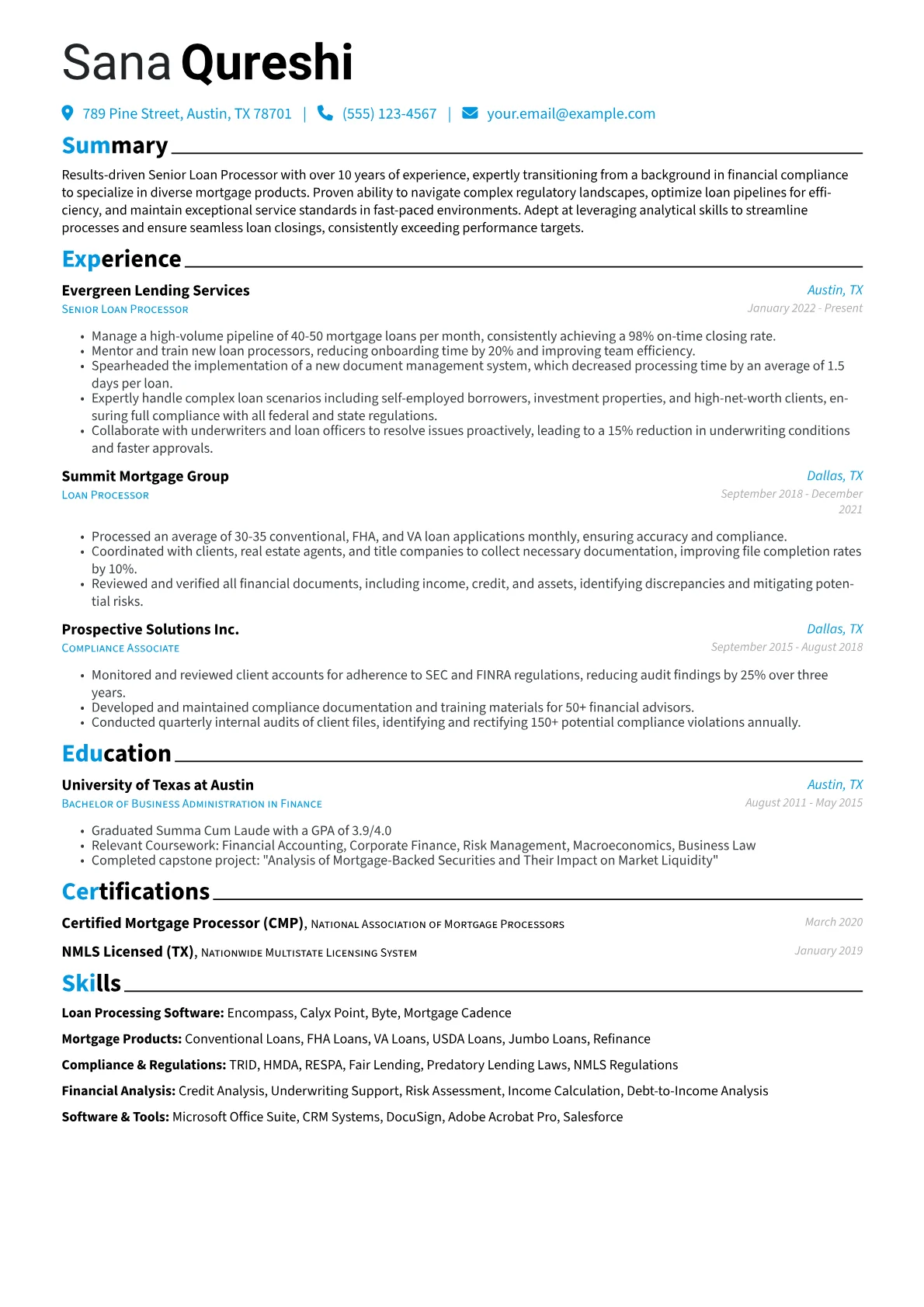 Senior Loan Processor resume example, Career changer, page 1