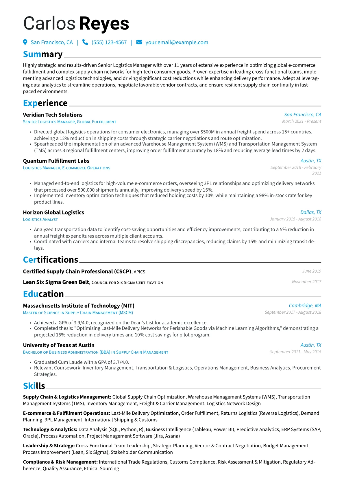 Senior Logistics Manager resume example, Senior Logistics Manager, page 1