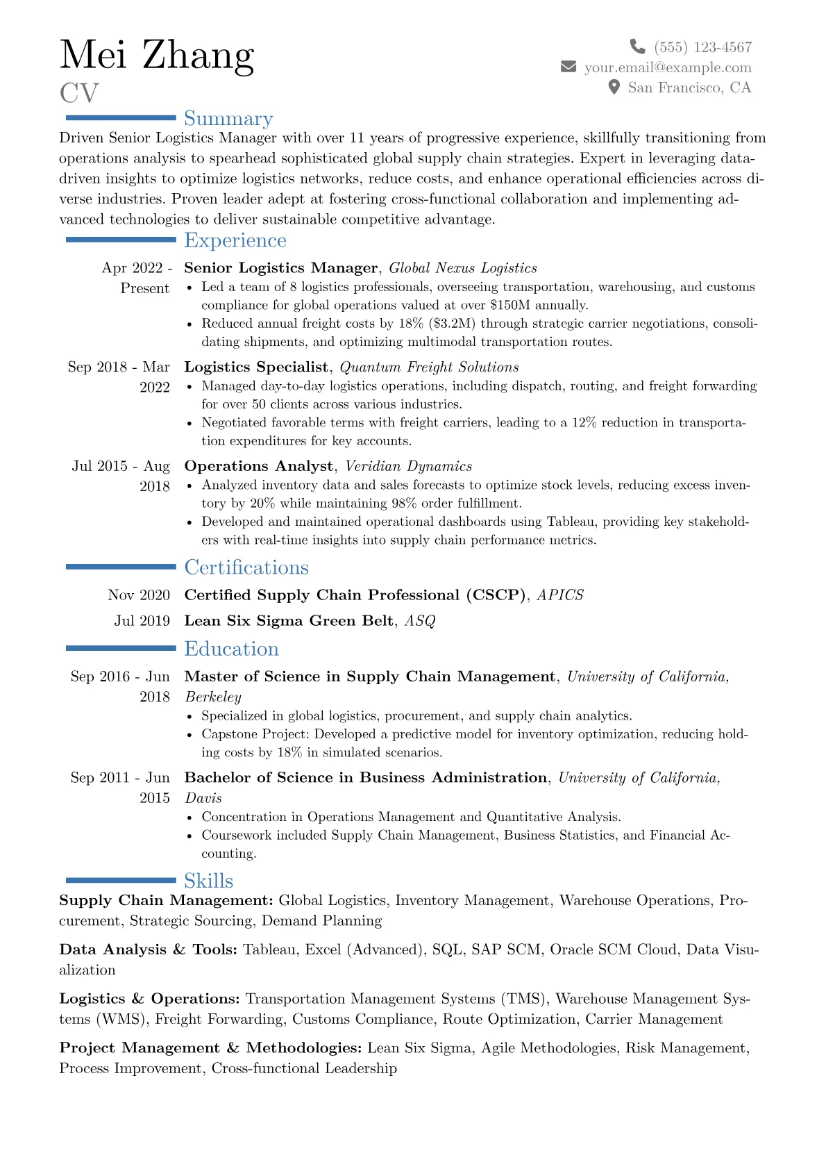 Senior Logistics Manager resume example, Career changer, page 1