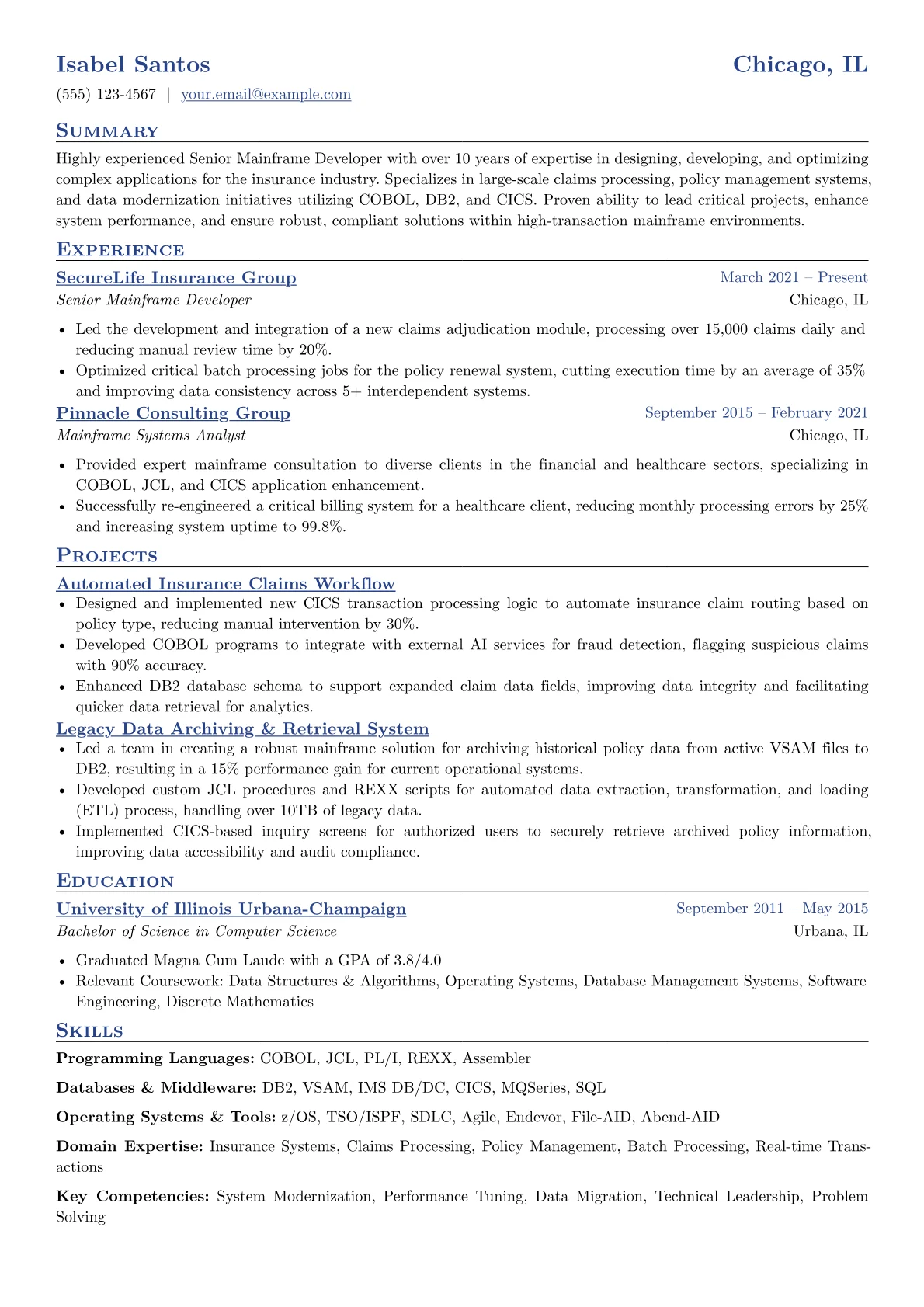 Senior Mainframe Developer resume example, Senior Mainframe Developer, page 1
